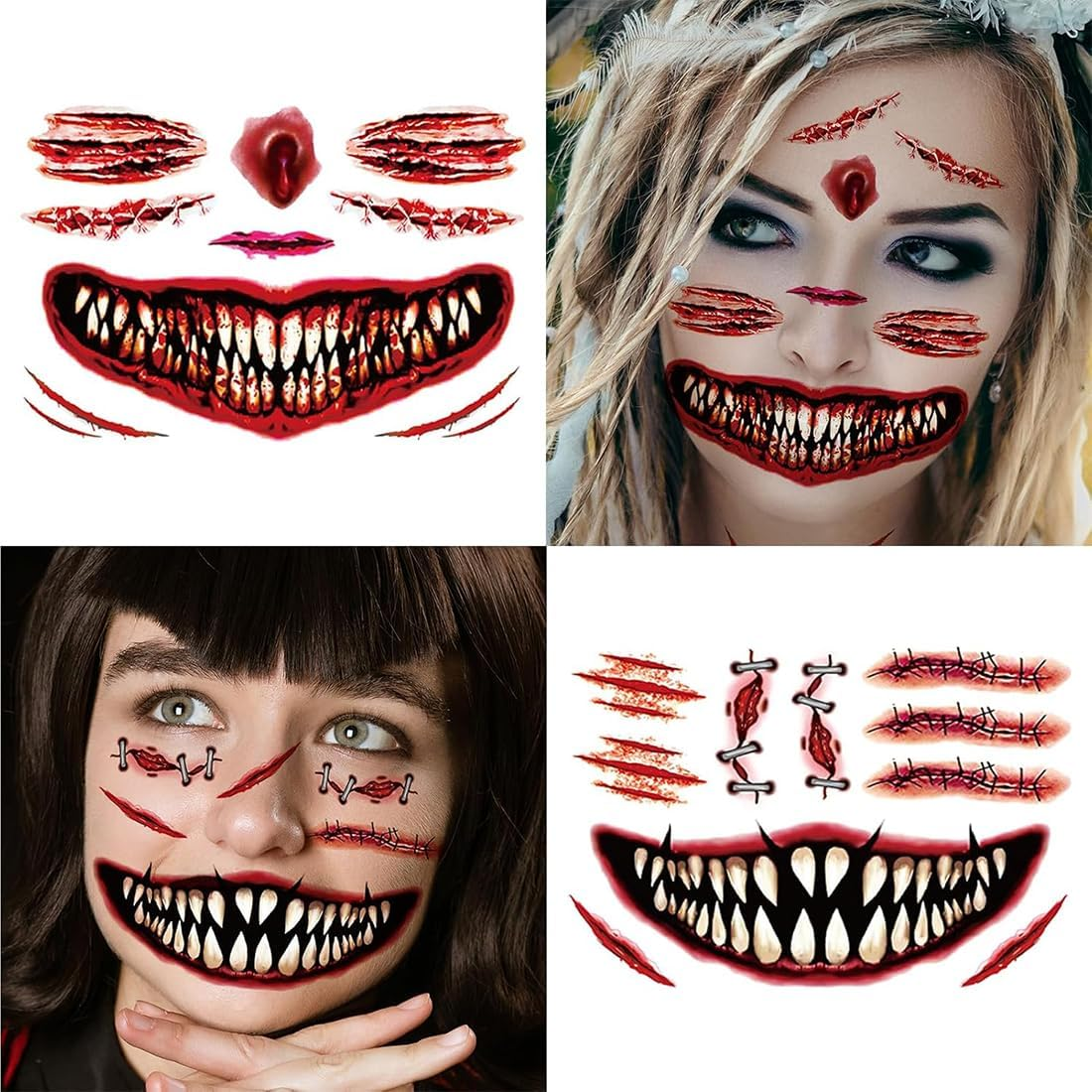 9 Sheets Scary Face Tattoo Scars Wounds Halloween Costume Women Men Adults Fake Face Halloween Make up Zombie Temporary Tattoos Party Accessories Accessories image number 2