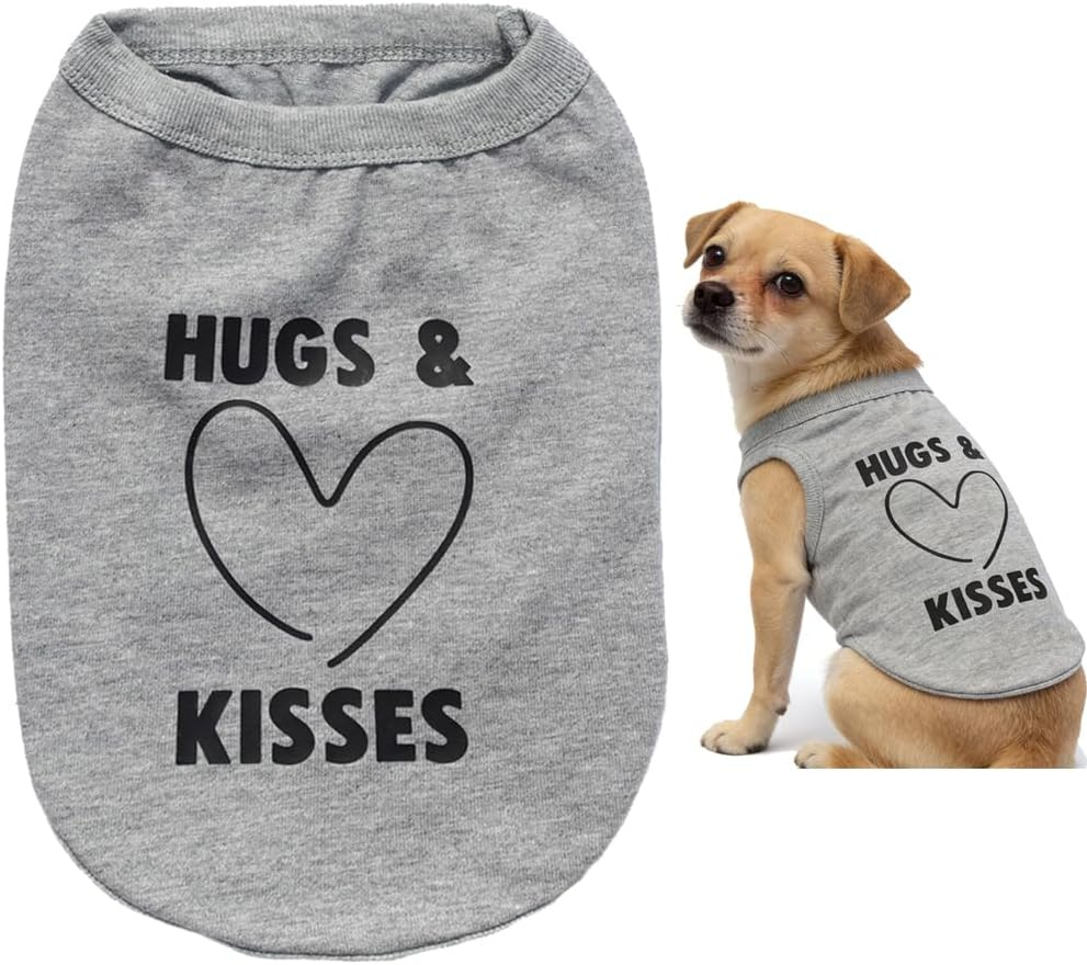 Hugs & Kisses Print Dog T Shirt, Breathable Cotton Clothes for Cats Dogs Yorkie, Pet Apparel Outfit for Birthday Valentine'S Day, Dog Lovers (Neck Girth 12.99'')
