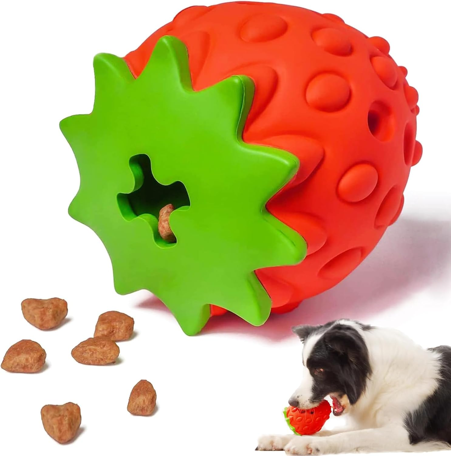 Zovinx Interactive Dog Toy, Natural Rubber Strawberry Food & Treat Puzzle Dog Chew Toy for Teeth Cleaning and IQ Training, Slow Feeder Dispenser Pet Ball for Small, Medium, Large Breeds, Face & Body
