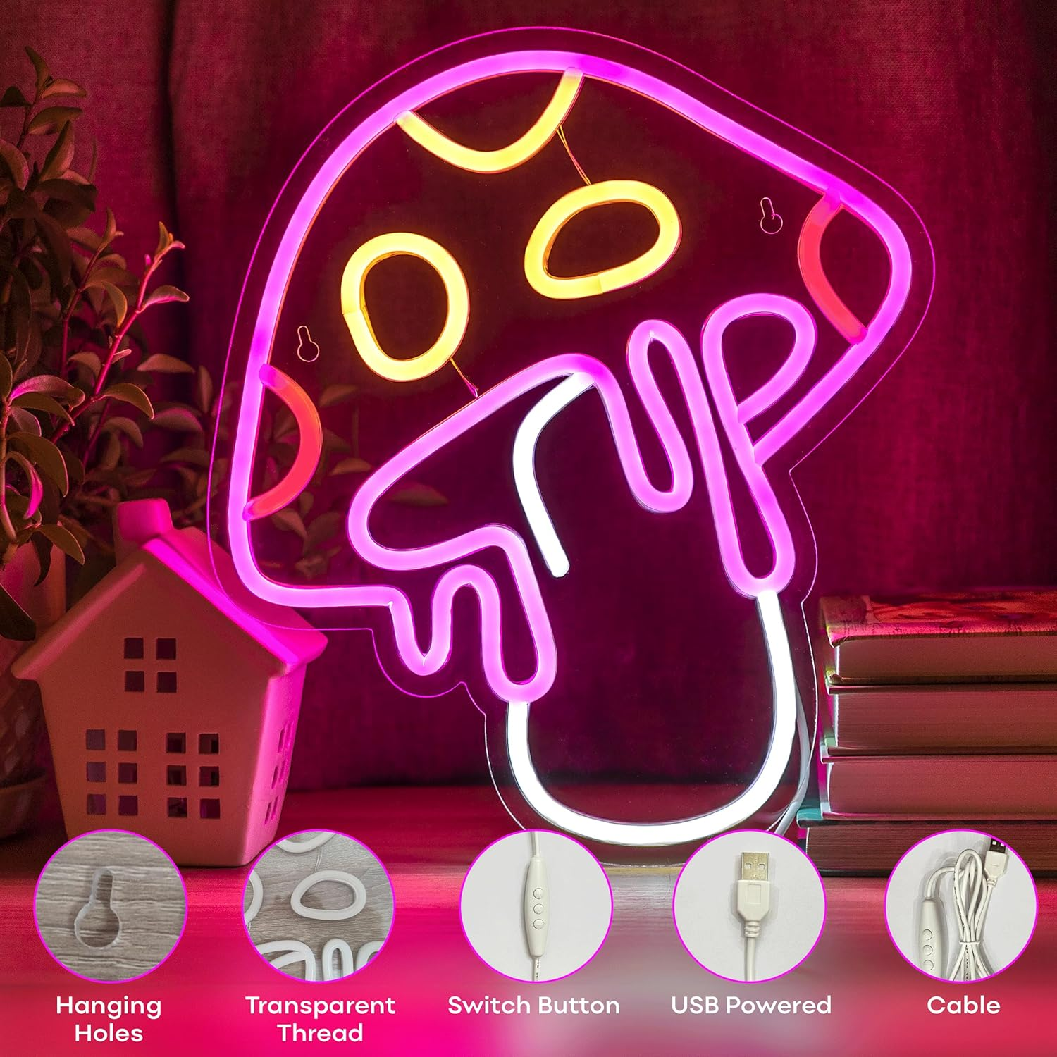 WOW-LAMPS Mushroom Neon Sign for Bedroom - Dimmable Wall Decor Aesthetic, USB Cute Light - Easy-To-Install, 13X12.2 Inches image number 4