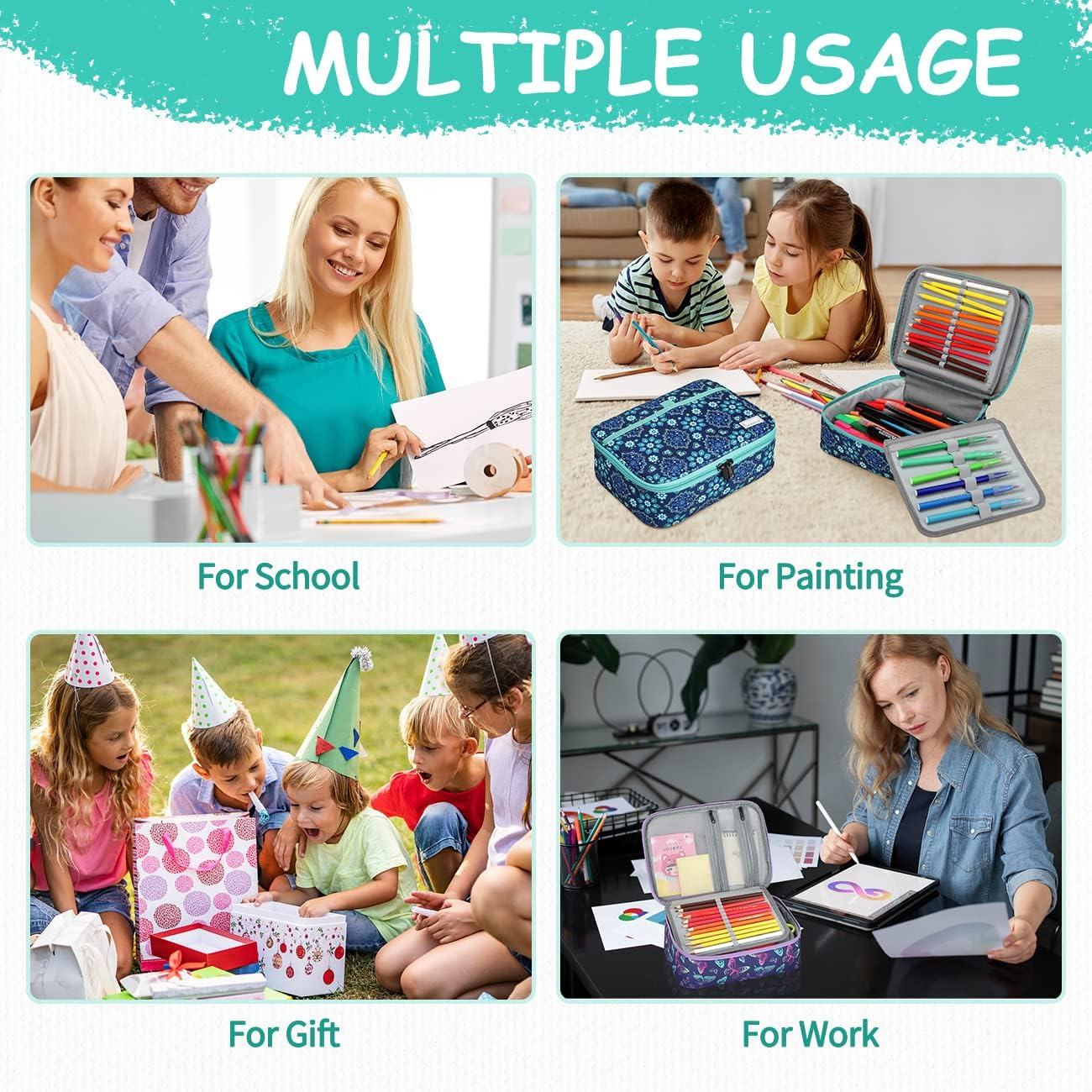 Large Pencil Case,Vaschy Art Supply Marker Organizer Big Pen Pouch with 3 Detachable Layers Slots Multiple Zipper Pockets for Kids Adults School Office Blue Snowflake - Black image number 6