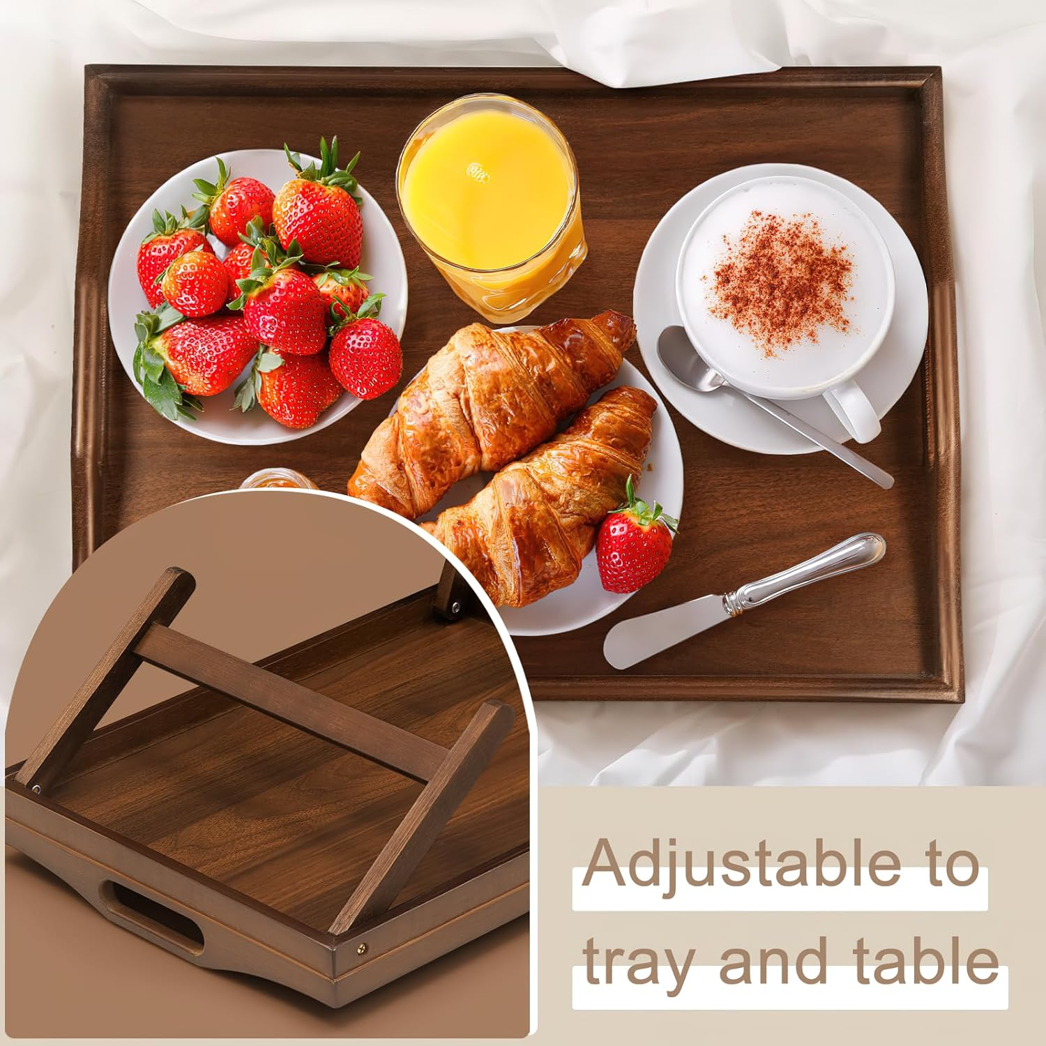 2 Pack Bed Tray Table Breakfast Trays Serving Tray Bamboo Bed Laptap with Floding Legs Handles and Phone Holders - Walnut 2 Pack image number 3