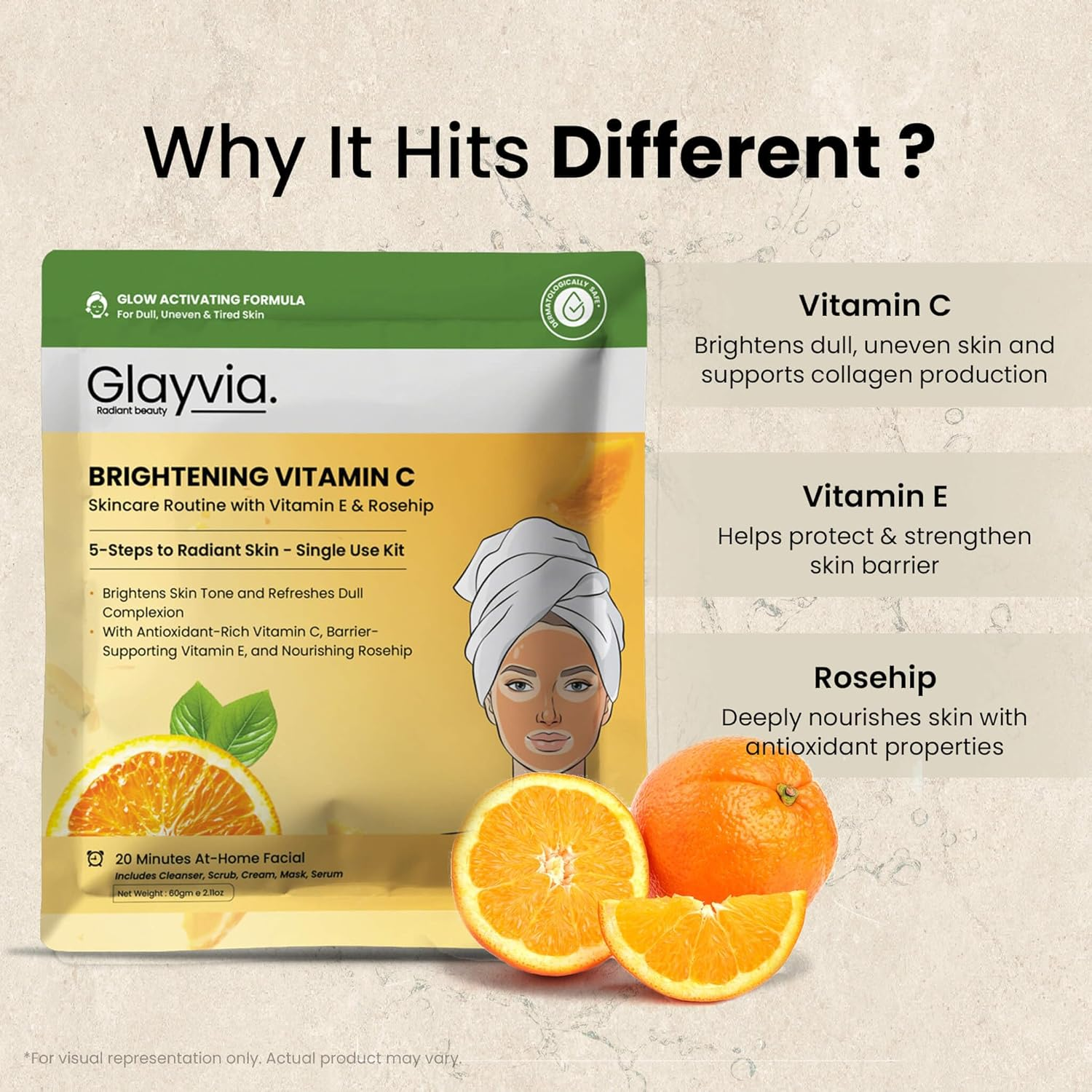 Glayvia Vitamin C Skincare Routine Kit &ndash; 5-Step Single-Use Brightening Routine | Vitamin C + Rosehip + Vitamin E | Fragrance Free, Suplhates Free & Parabens Free | 20-Minute At-Home Facial image number 2