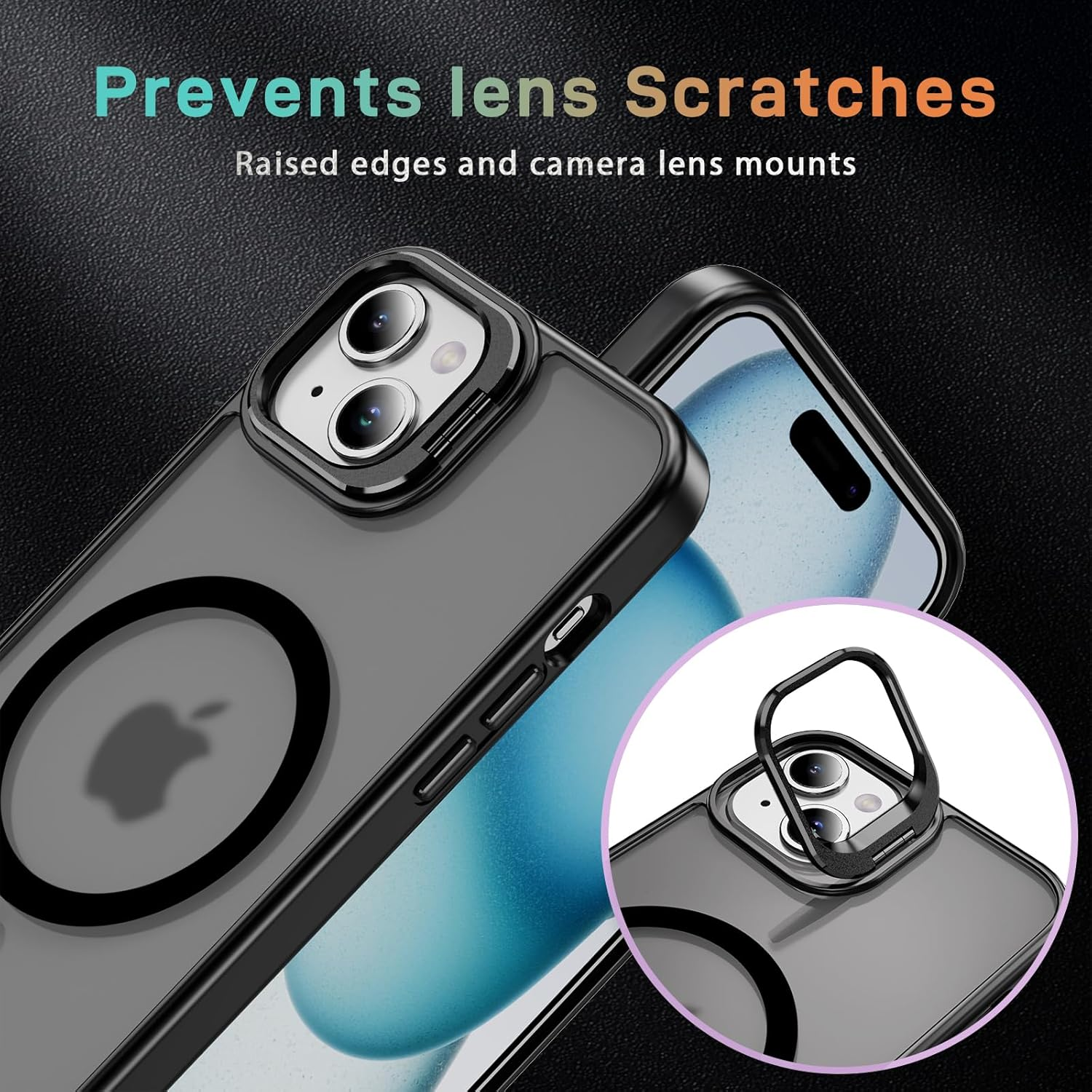 For Iphone 15 Case with Metal Camera Stand [Compatible with Magsafe] Full Protection Shockproof Cover Translucent Magnetic Case for Iphone 15 (Black) image number 4