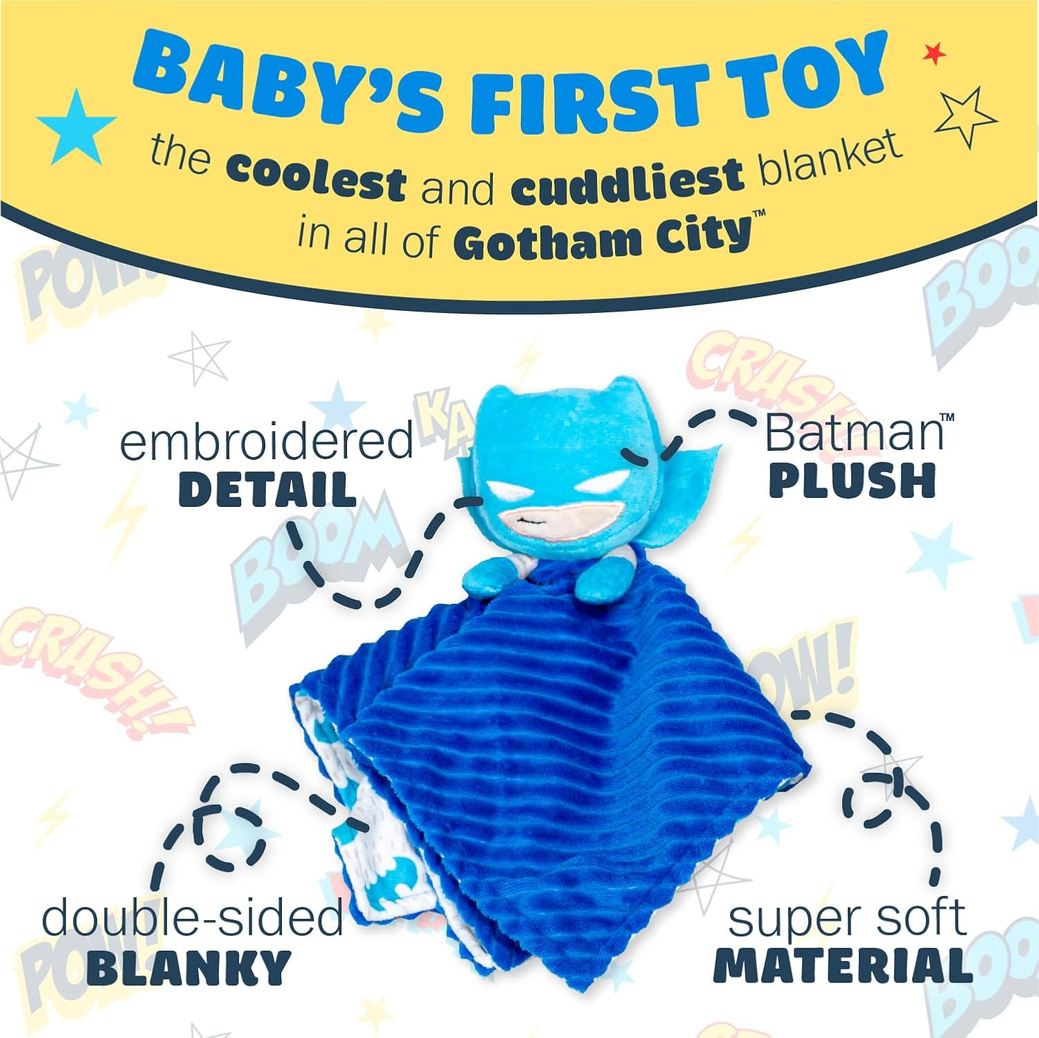 KIDS PREFERRED DC Comics the Batman Lovey Security Blanket, Soft Huggable Dark Knight Plush Lovey Toy for Baby and Infant Boys and Girls, Textured Blanket with Batman Logo image number 4