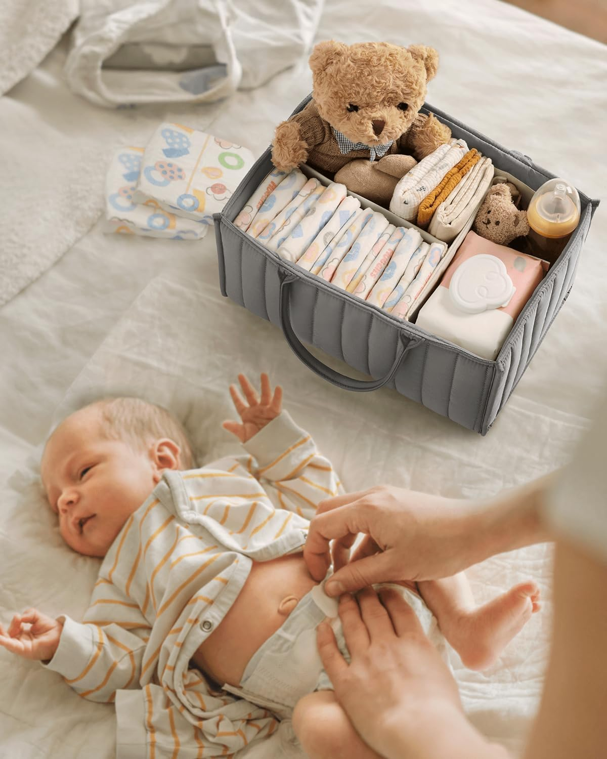 Baby Diaper Caddy Organiser, Large Nursery Storage Basket, Portable Nappy Organiser, Grey