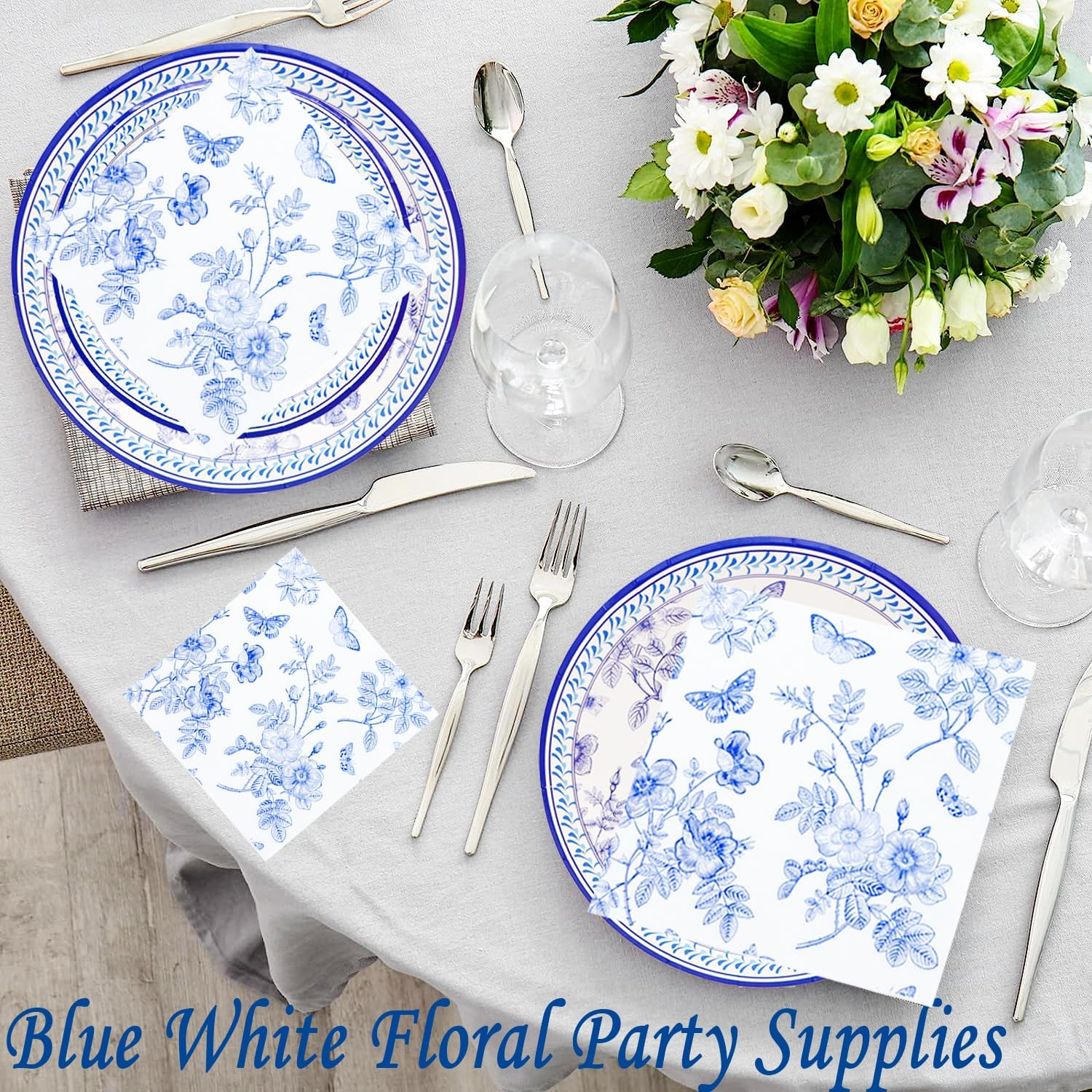 40 Pack Blue White Floral Luncheon Napkins - Fancy Dessert Paper Napkins for Tea Party, Baby Shower, Birthday Party Supplies Decor - Blue image number 5