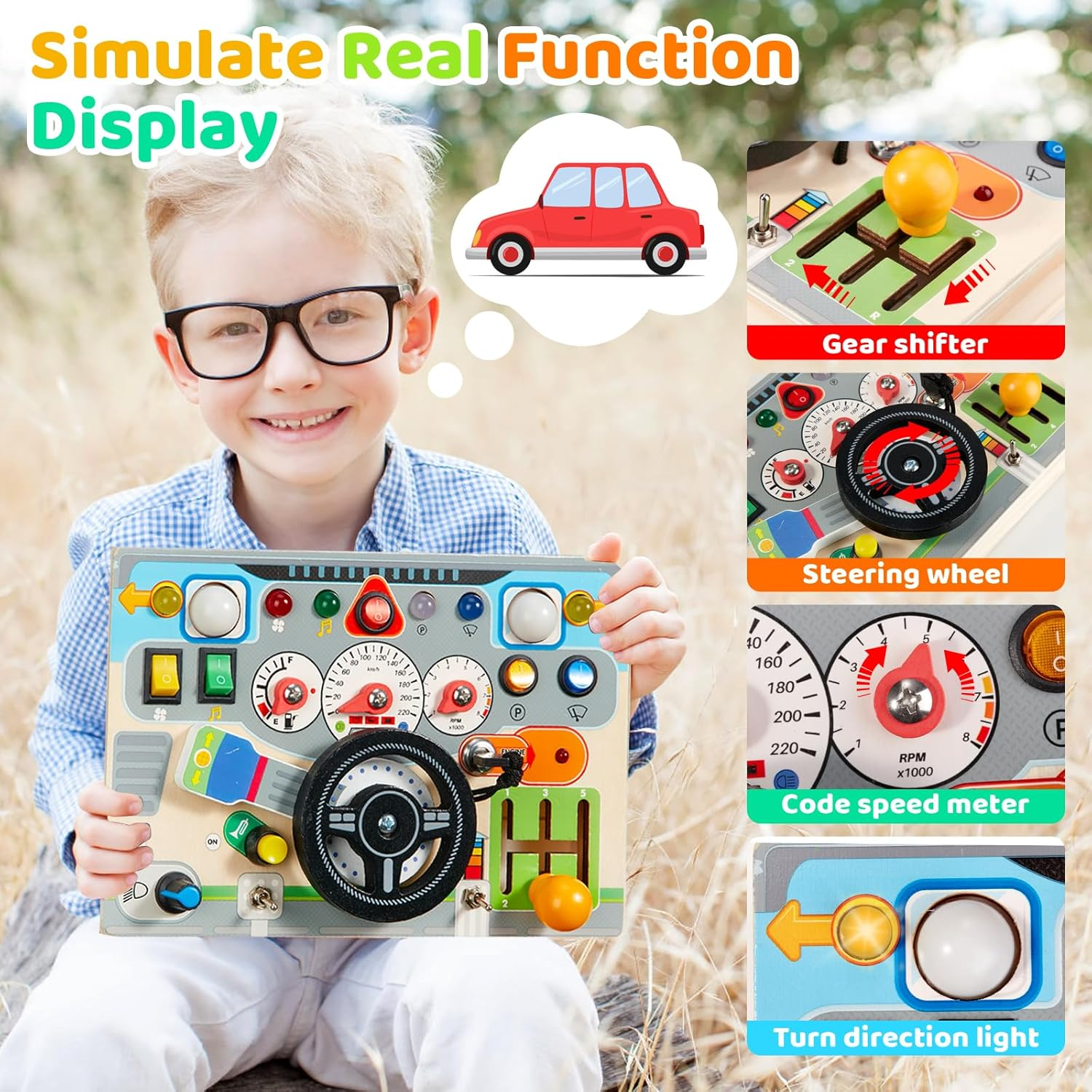 Montessori Busy Board for Toddler 1-3,Baby Wooden Toys with Light Switch & Car Driving Sounds,Early Sensory Activities,Fidget Board Travel Pack for 18 Months,1 2 3 Year Old Boys Girls Gifts image number 5