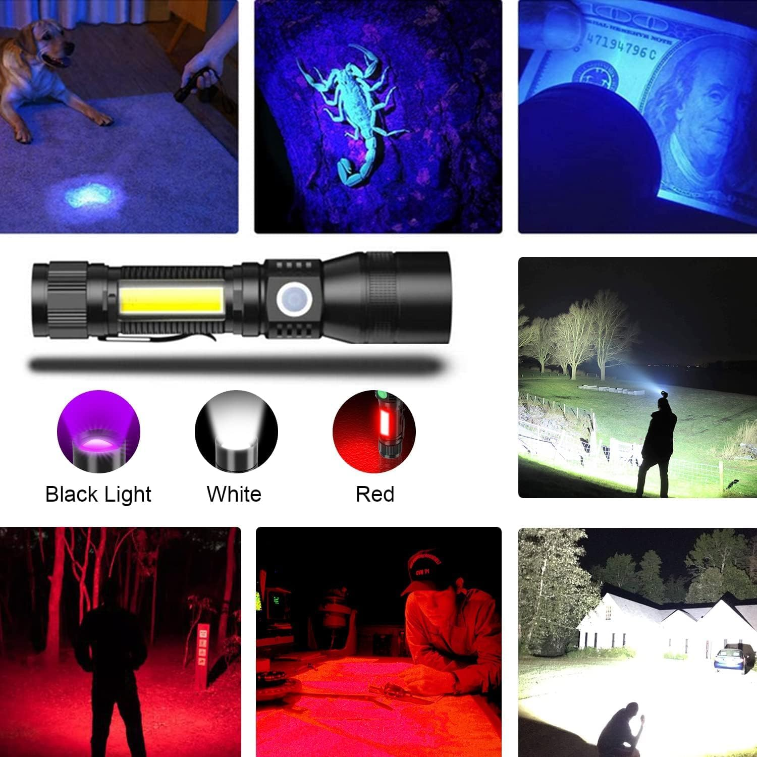 Ludopam UV Rechargeable Flashlights Tactical,1000 High Lumens 3 in 1 LED Black Light Flashlight -Magnetic Base/Sidelight/Zoomable, Bright Pocket Flash Light for Stains Detection Camping Emergency,1Pcs image number 2