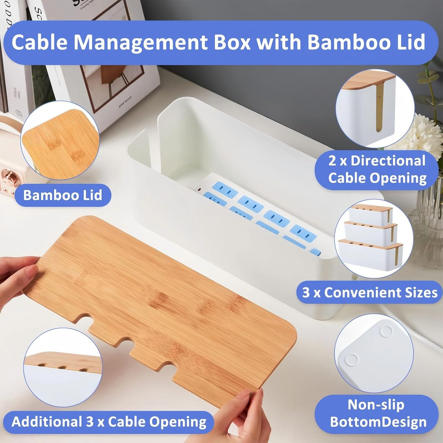 3 PCS Cable Management Box with Bamboo Lid, for TV, Computer, Router, USB Hub and under Desk Power Strip, Safe ABS Material and Baby-Pets Proof Lock, with 10 Cable Ties & 16 Multi-Hole Hubs (White) image number 4