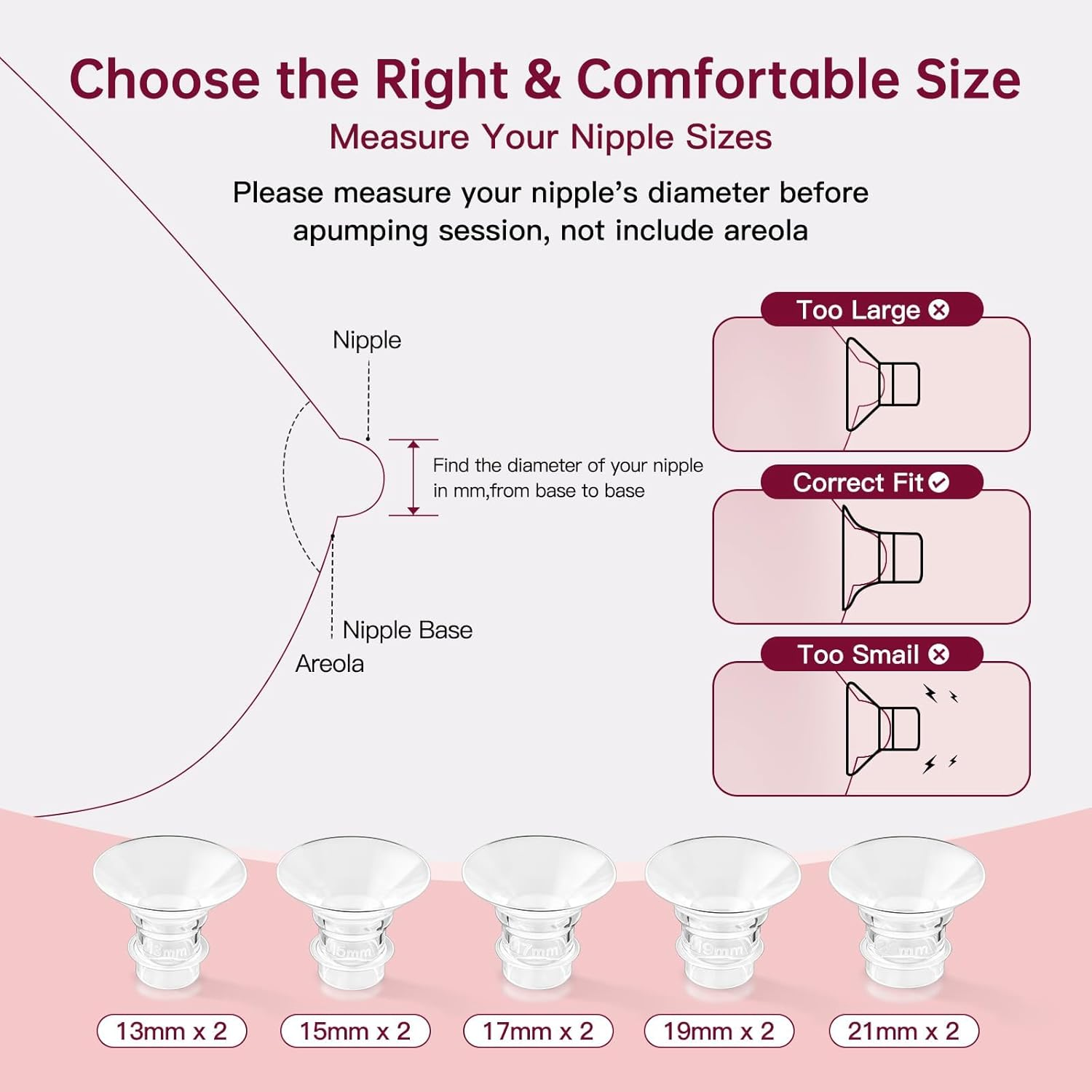 13PCS Flange Sizing Kit 13/15/17/19/21Mm with Nipple Measurement Card & Cleaning Brush, Silicone Flange Inserts for 24Mm Breast Pump Shields/Pumps Accessories image number 6