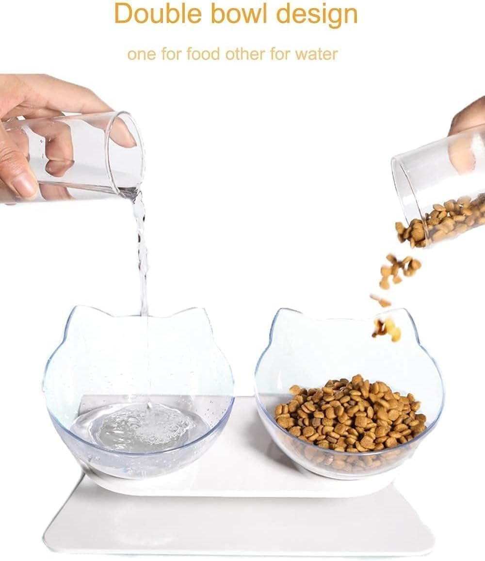 Mumoo Bear Double Elevated Cat Bowls with Raised Stand, Cat Bowl Design Neck Guard Stand Raised Pet Food Water Feeder Bowl,Cute Cat Face Elevated Cat Bowlfor Kitten or Small Dogs, White Clear image number 3