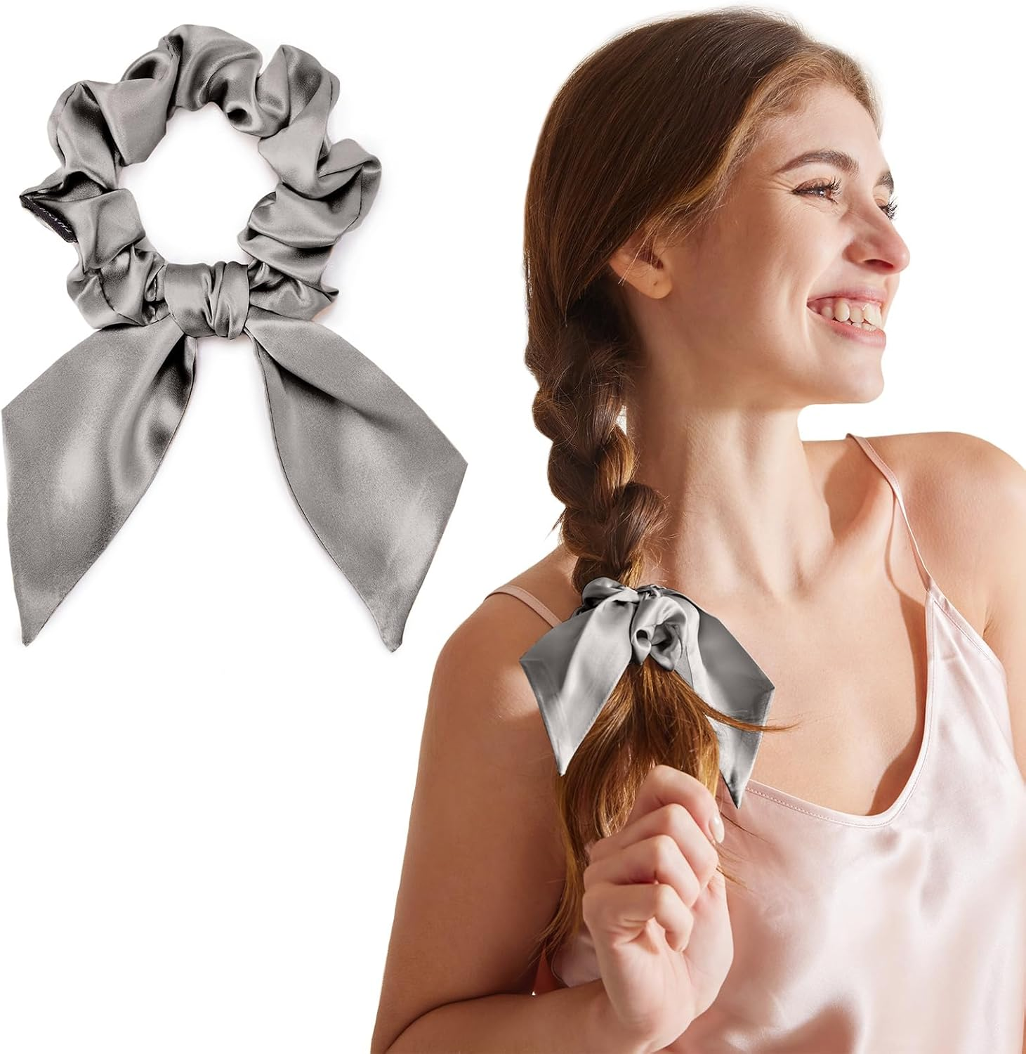 THXSILK Hair Silk Scrunchies with Bow for Women Pure Mulberry Silk Hair Cute Kitsch Scrunchies for Girls Women'S Thick Hair Grey - 5Pcs Warm Color image number 6