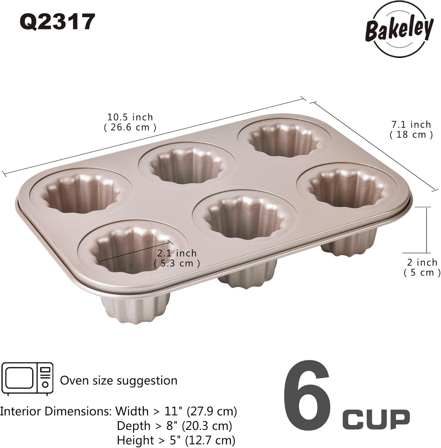 Canele Mold Cake Pan 6-Cavity Non-Stick Canele Muffin Bakeware French Pastry Muffin Cake Mould for Oven Baking (Champagne Gold) image number 2