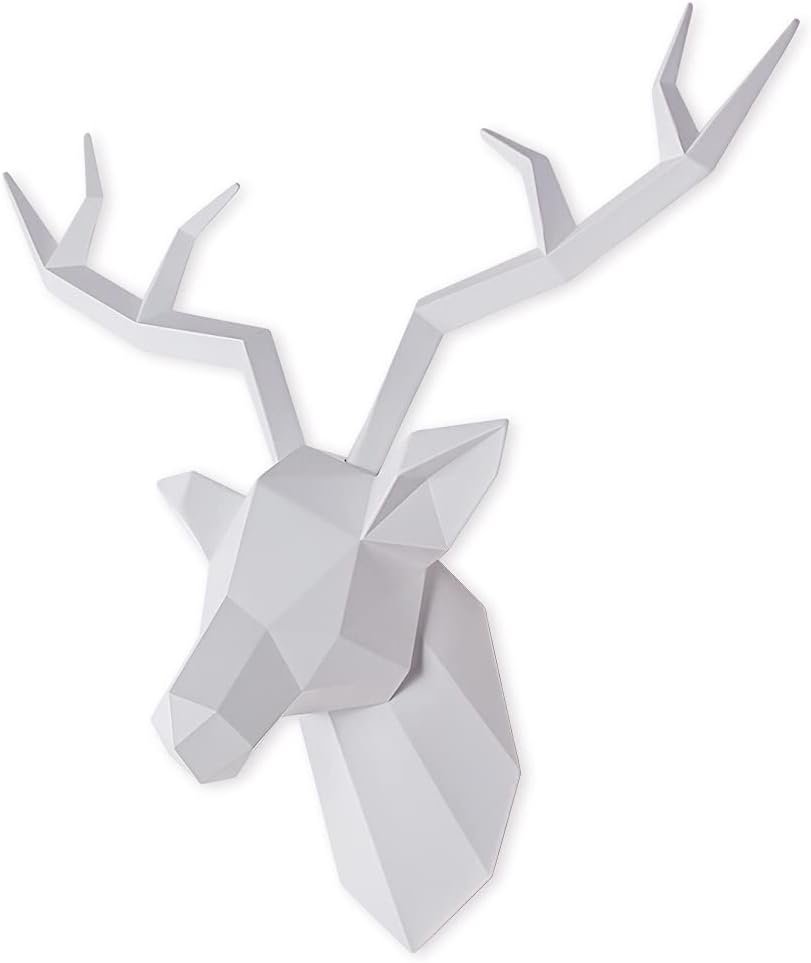 Deer Head Wall Decor Geometrical White Deer Antlers Wall Sculpture Faux Taxidermy Resin Wall Animal Head 19X7X17 Inches