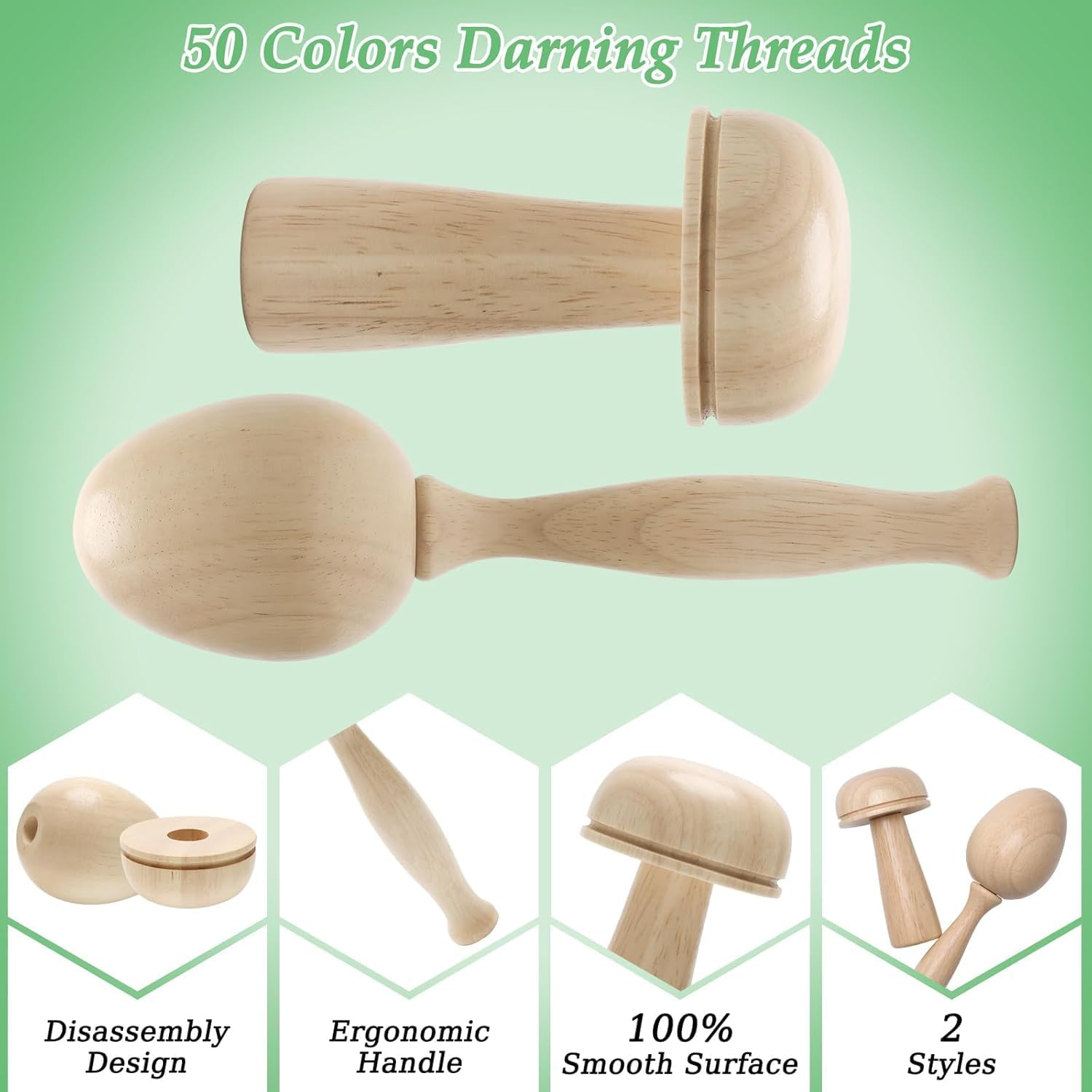 Darning Egg Darning Mushroom for Socks Darner Egg Kit Include 14 Hooks Small Weaving Darner Loom 9 Large Eye Needles 50 Colors Thread for DIY Handicraft Home Sewing Care image number 5