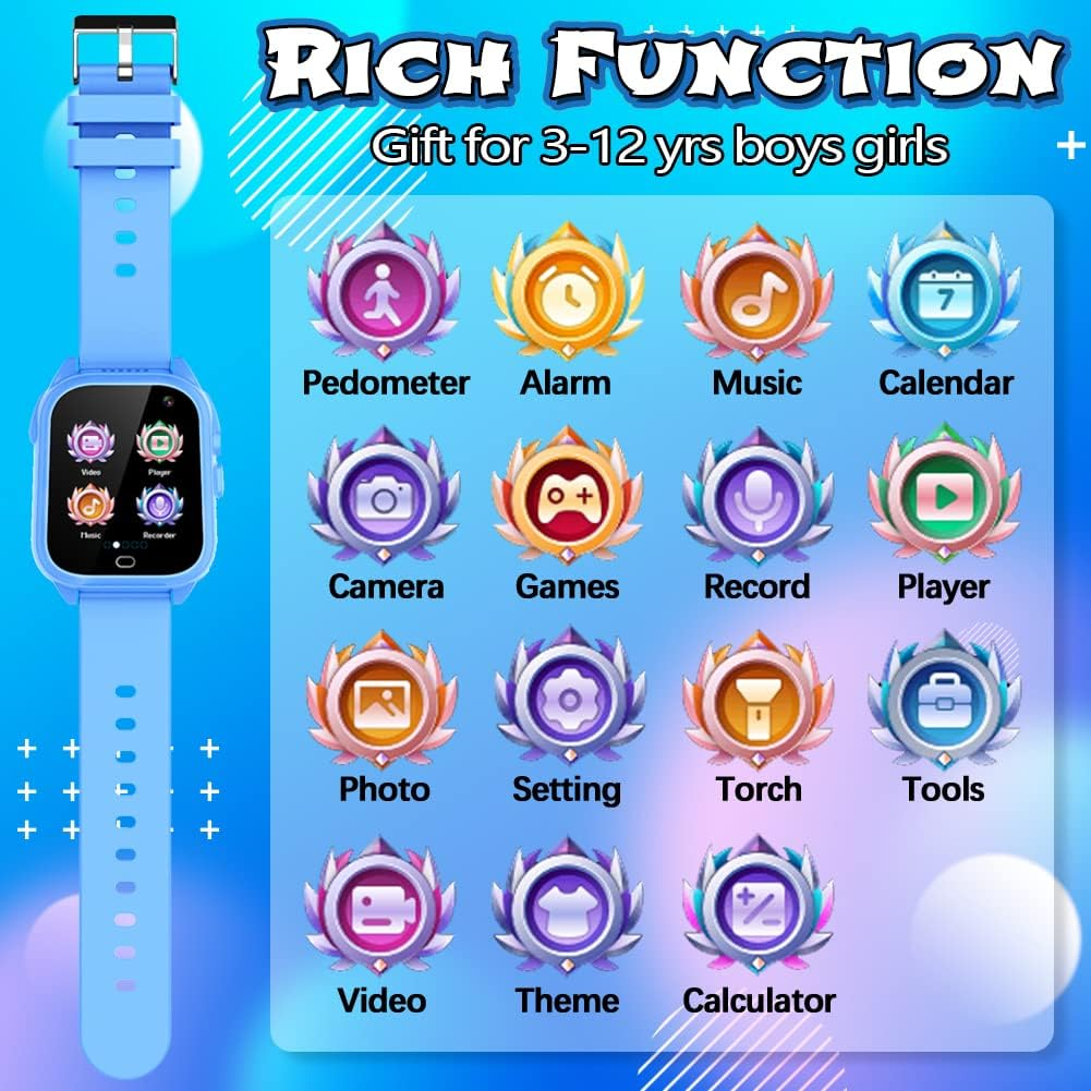 Kids Waterproof Game Watch Learning Toys with 26 Game HD Camera 1.44'' Touchscreen Pedometer Video Music Player Alarm Clock Calculator Smart Watch for Girls Boys 3-12 Years Old (Blue) image number 3