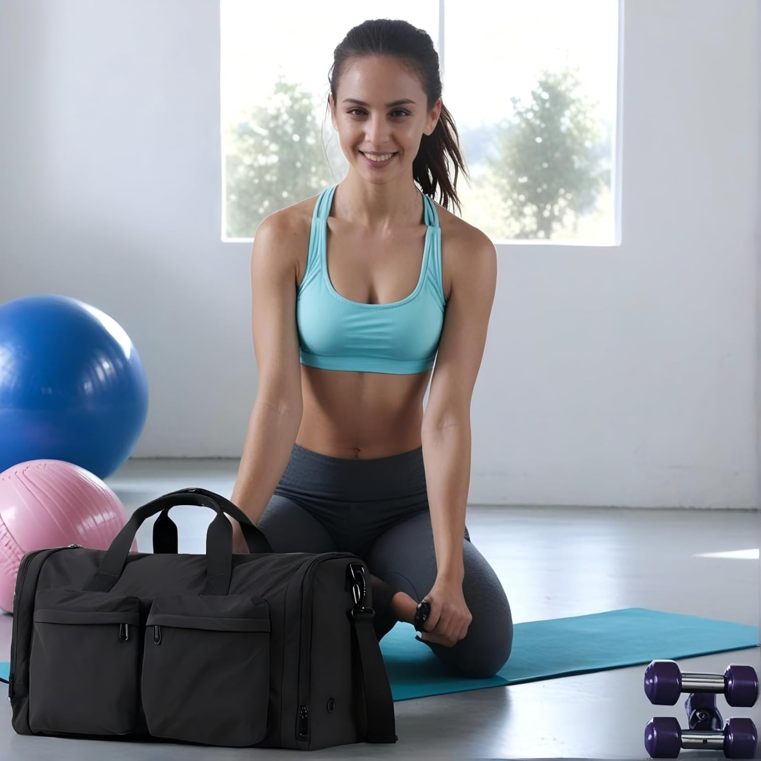 Gym Bag Duffle Bag for Travel: Gym Bag for Women Men Gym Bag with Shoe Compartment - 3 in 1 Carry on Bag Travel Duffel Bags with Trolley Sleeve - Lightweight Travel Bag Sports Bag (Ink Black) - Soft Pink image number 5