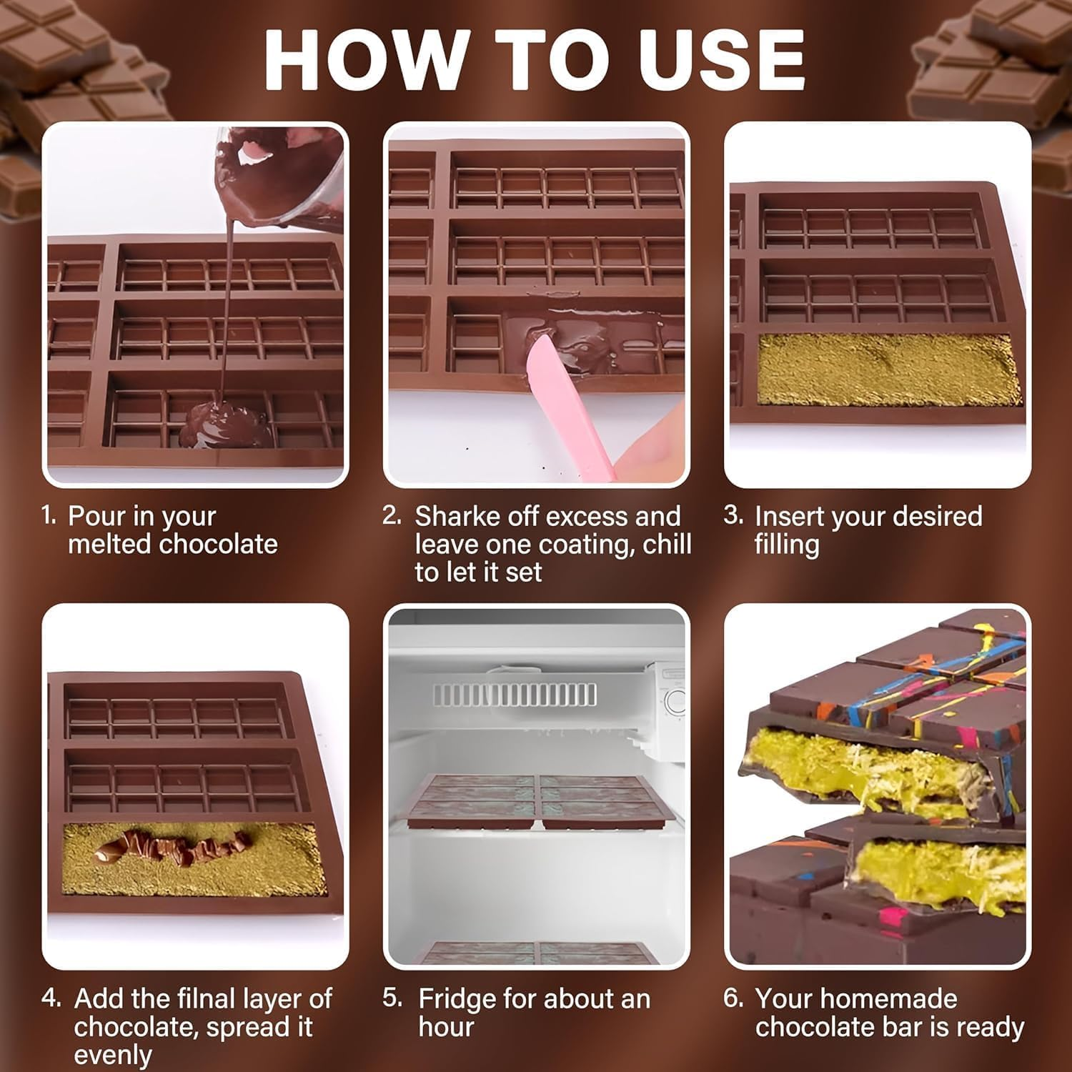 Xinghonyac 2 Pcs Chocolate Bar Mold, Non-Stick Chocolate Molds, Food Grade Silicone Deep Chocolate Bar Mold for Dubai Chocolate Bar Pistachio, Candy, Chocolate Snacks, Milk Chocolate Bar, Jelly