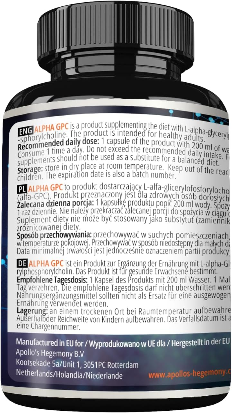 Alpha-Gpc 600Mg per Daily Dose - 90 Vegan Choline Capsules - 99% Choline Alfoscerate Dietary Supplement - Lipid Choline - Memory and Concentration Capsules - by Apollo'S Hegemony image number 3