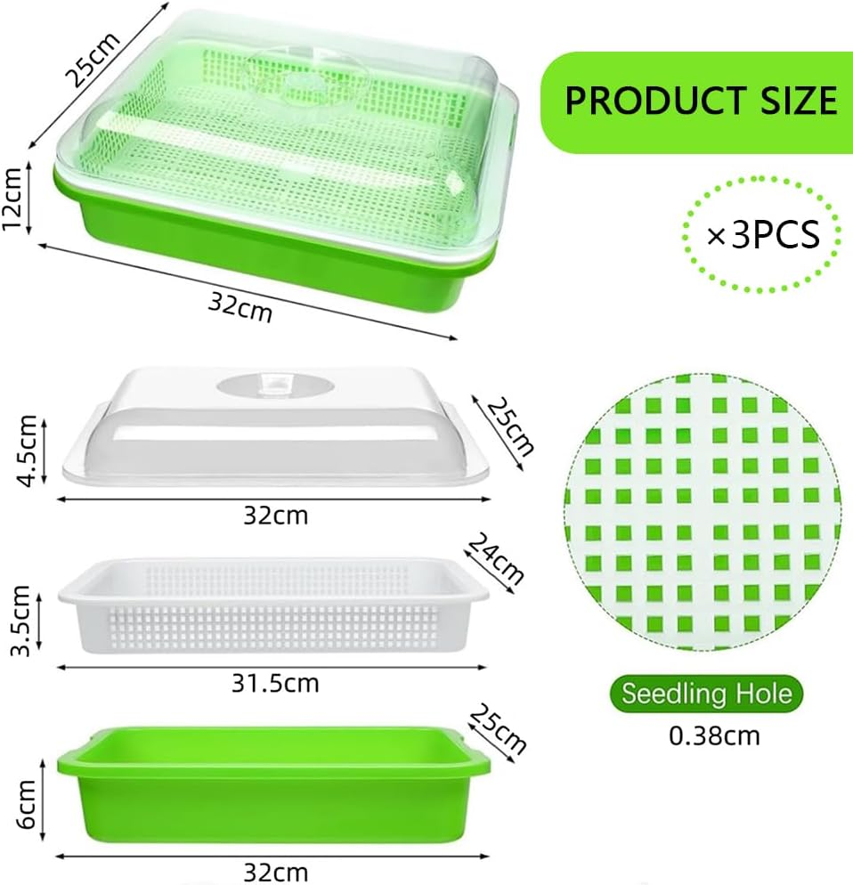 HYAVIA Seed Sprouter Tray Kit &ndash; 3-Pack Bpa-Free Soil-Free Sprouting Containers and Drain Tray for Growing Wheatgrass, Beans, Alfalfa, Microgreens &ndash; White & Green image number 1