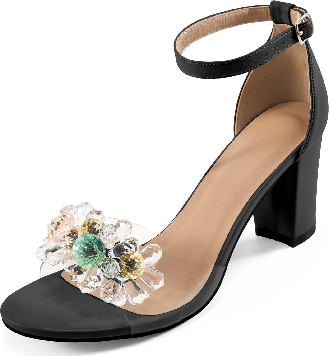Aomigoct Chunky Heels for Women Wedding: Black 8 Dressy Comfortable High Heeled Sandals for Fashion Bridal with Crystal Decor
