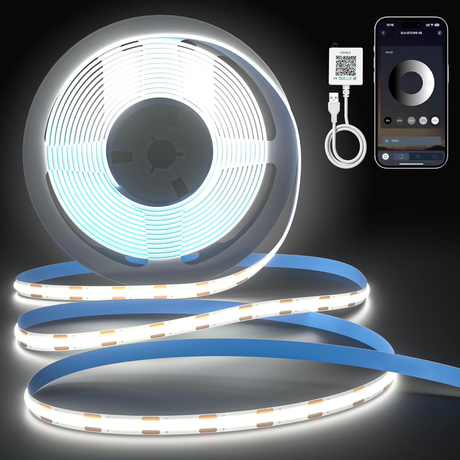 5V USB COB LED Strip Lights, Cozylady 2M Bluetooth Natural White 6000K 320Leds/M Dimmable Strips, IP20 Not Waterproof Tape Light for DIY Mirror Cabinet Wardrobe Home Indoor Decoration image number 3