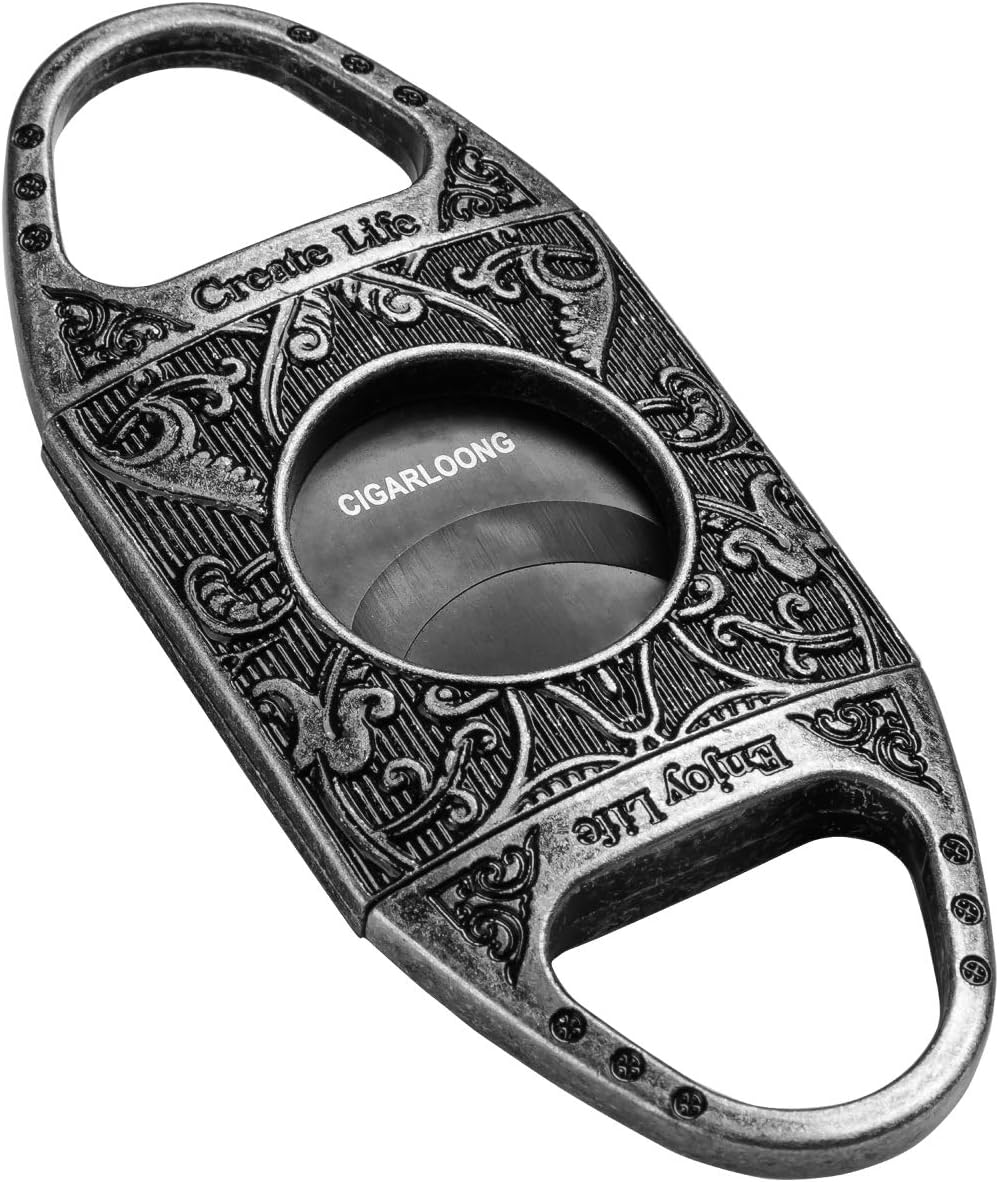 CIGARLOONG Cigar Cutter Sliver Stainless Steel Engraving Patterns Double Cut Blade Guillotine