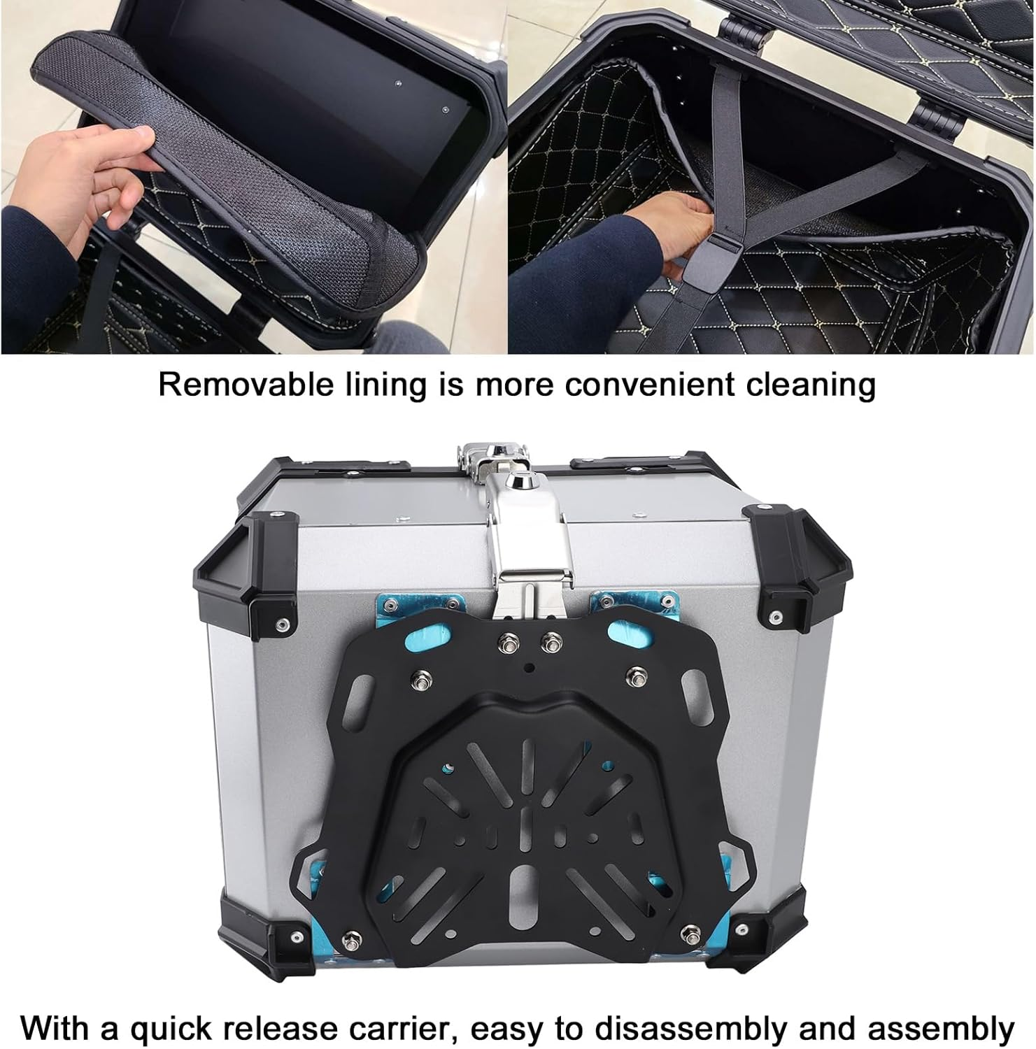 45L Motorcycle Top Case, Aluminum Universal Motorbike Tail Box Trunk Storage with Security Lock for Helmet Luggage, Waterproof Motorcycle Top Box with Back Cushion image number 6