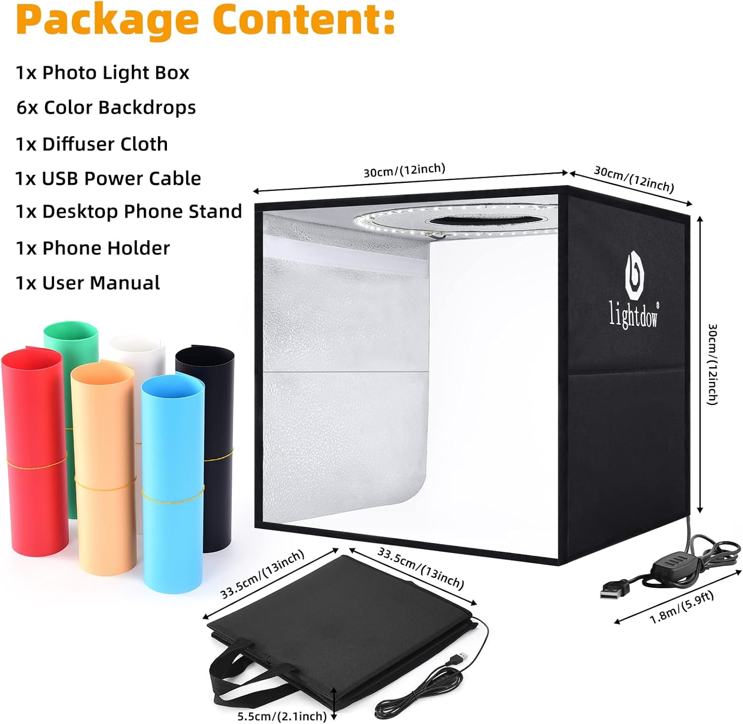 Lightdow 12"X12"X12" Photo Studio Light Box Photography with Desktop Tripod & 120 Leds (CRI>95), 6 Backdrops - Portable/Dimmable Folding Shooting Tents for Toys/Jewelry/Watches/Cosmetics image number 1