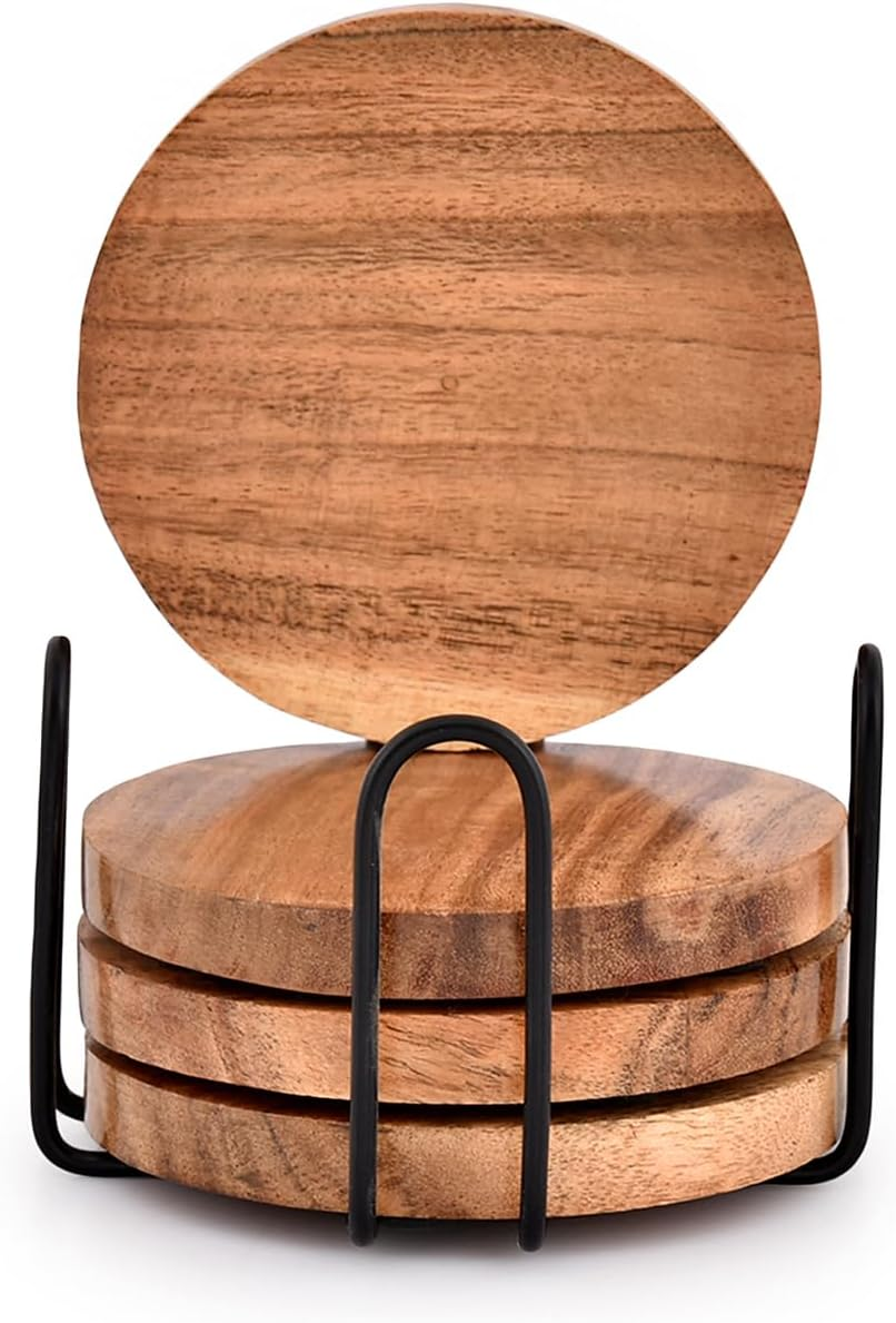 EDHAS Acacia Wood Coasters for Drinks with Iron Holder Stand for Coffee Table, Tabletop Protection Decor, Set of 4 image number 2