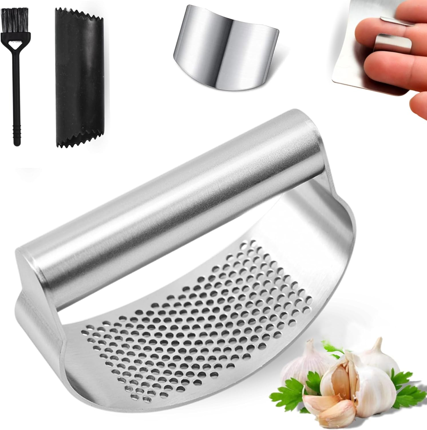 Garlic Press Stainless Steel Garlic Mincer Gifts: Silicone Garlic Peeler, Finger Cut Protector and Cleaning Brush