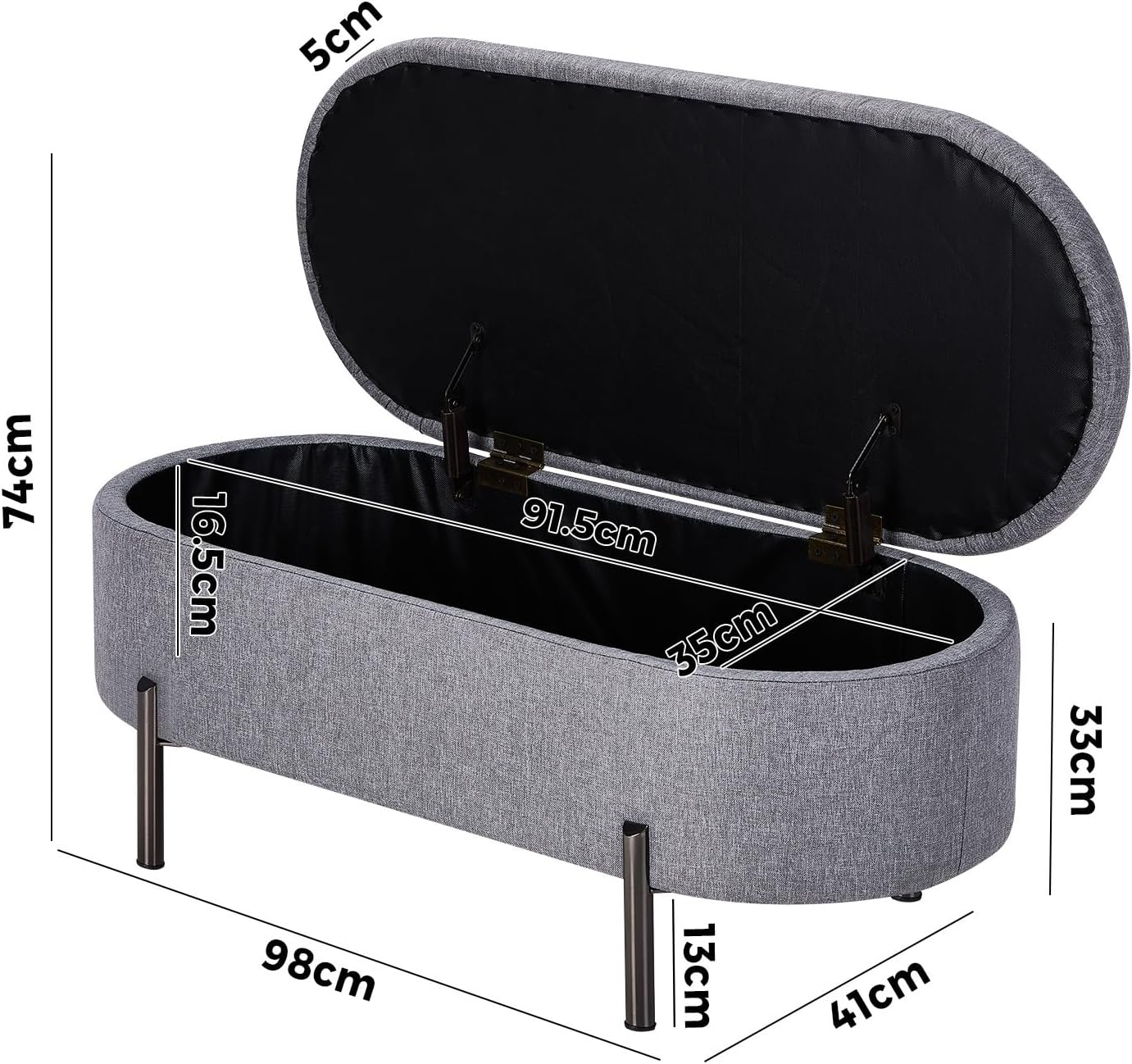 Oikiture Storage Ottoman Oval Linen Ottoman Bench Footstool 98CM Storage Box Chest for Home Bedroom Furniture Toy, Grey image number 4