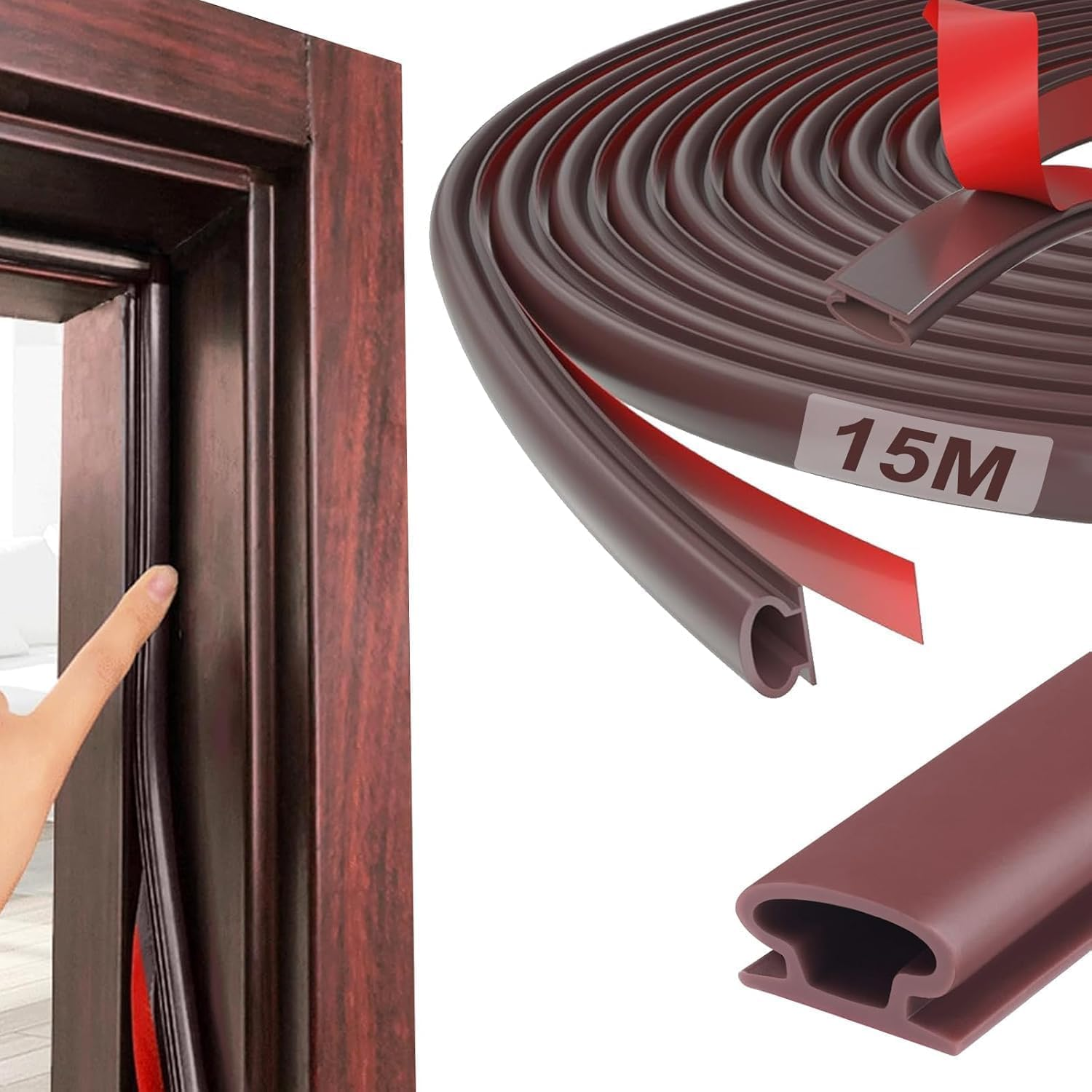 15M Door and Windows Seal Strip, Self Adhesive Rubber Door Seal for Insulation, Weather Stripping for Doors and Windows, Insect Proof, Sound Proof, Weather Stripping (Brown)