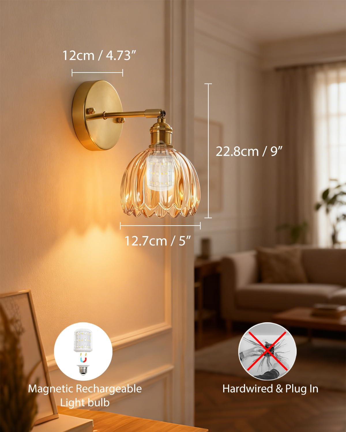 Battery Operated Wall Sconce Set of 2, Vintage Gold Rechargeable Wall Lights with 6000Mah Dimmable Bulbs and Remote, 16 Colors Portable Lighting for Wall Painting, Living Room, Bedroom, Hallway image number 5