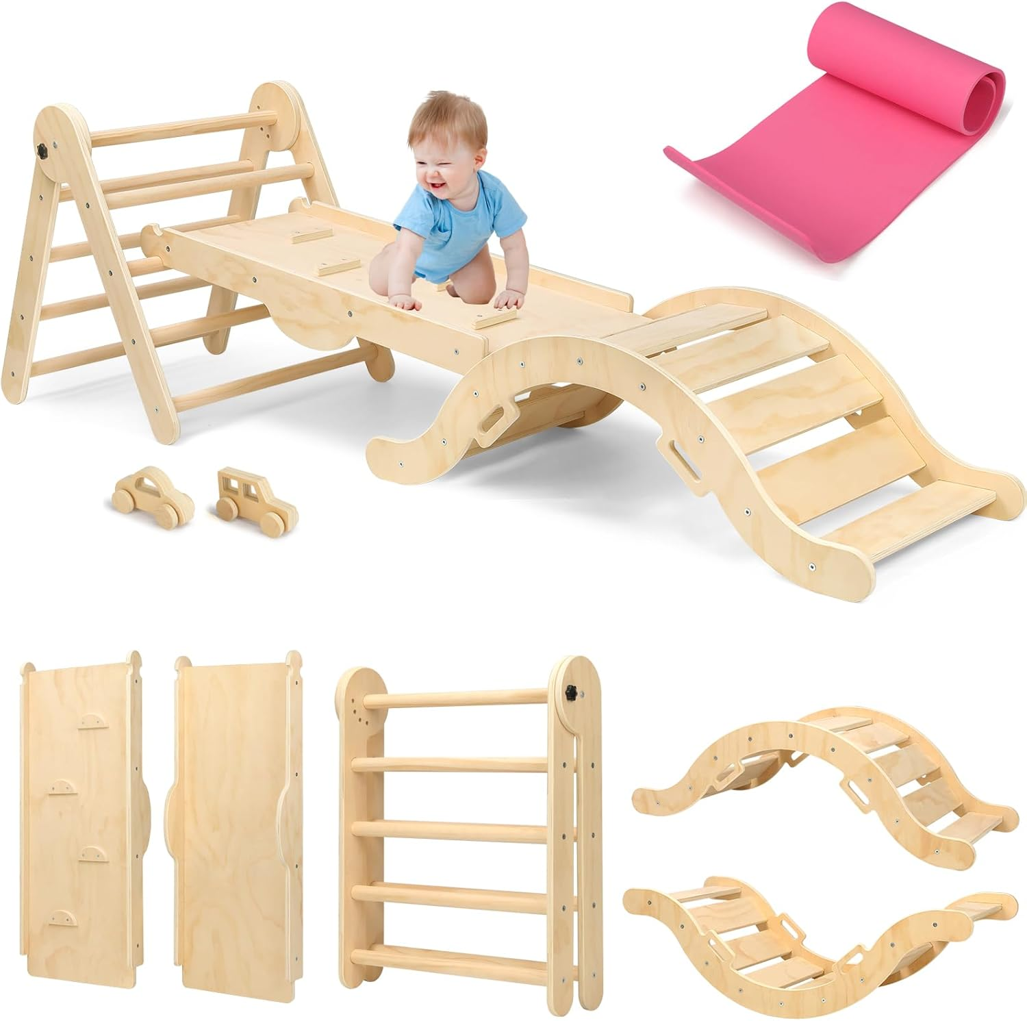 Omebel 8-In-1 Foldable Pikler Climbing Set | Baby Climbing Gym with Triangle, Ramp, Slide & 2 Toy Cars | Montessori Toys for Toddlers to Develop Motor Skills | Indoor Kids Climbing Frame (Natural)