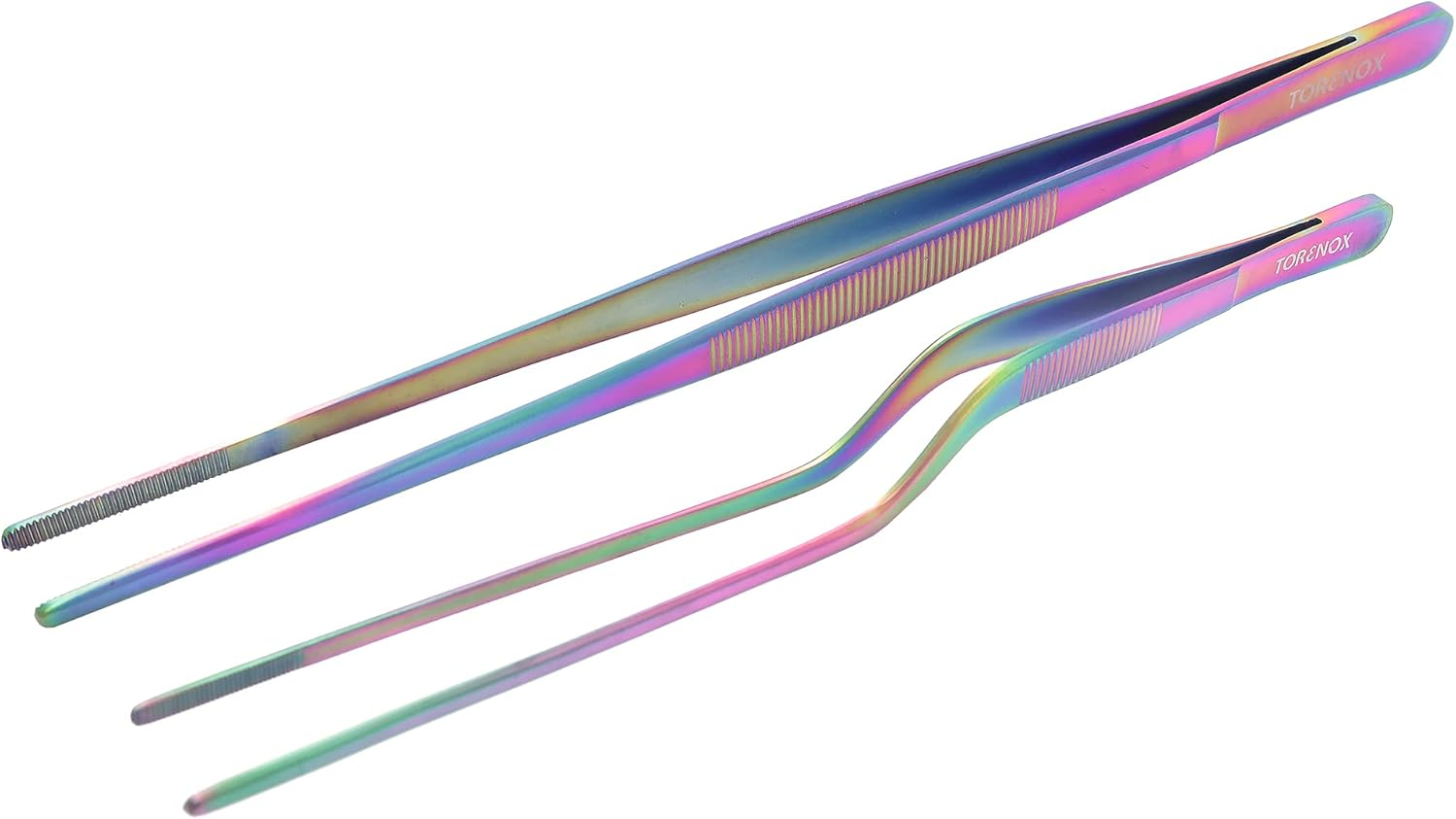 Kitchen Tweezers 10 Inch Straight and 8 Inch Offset - Culinary Precision Tongs Professional Kitchen Long Tweezers Set of 2 Pieces - BBQ, Plating, Multi-Use