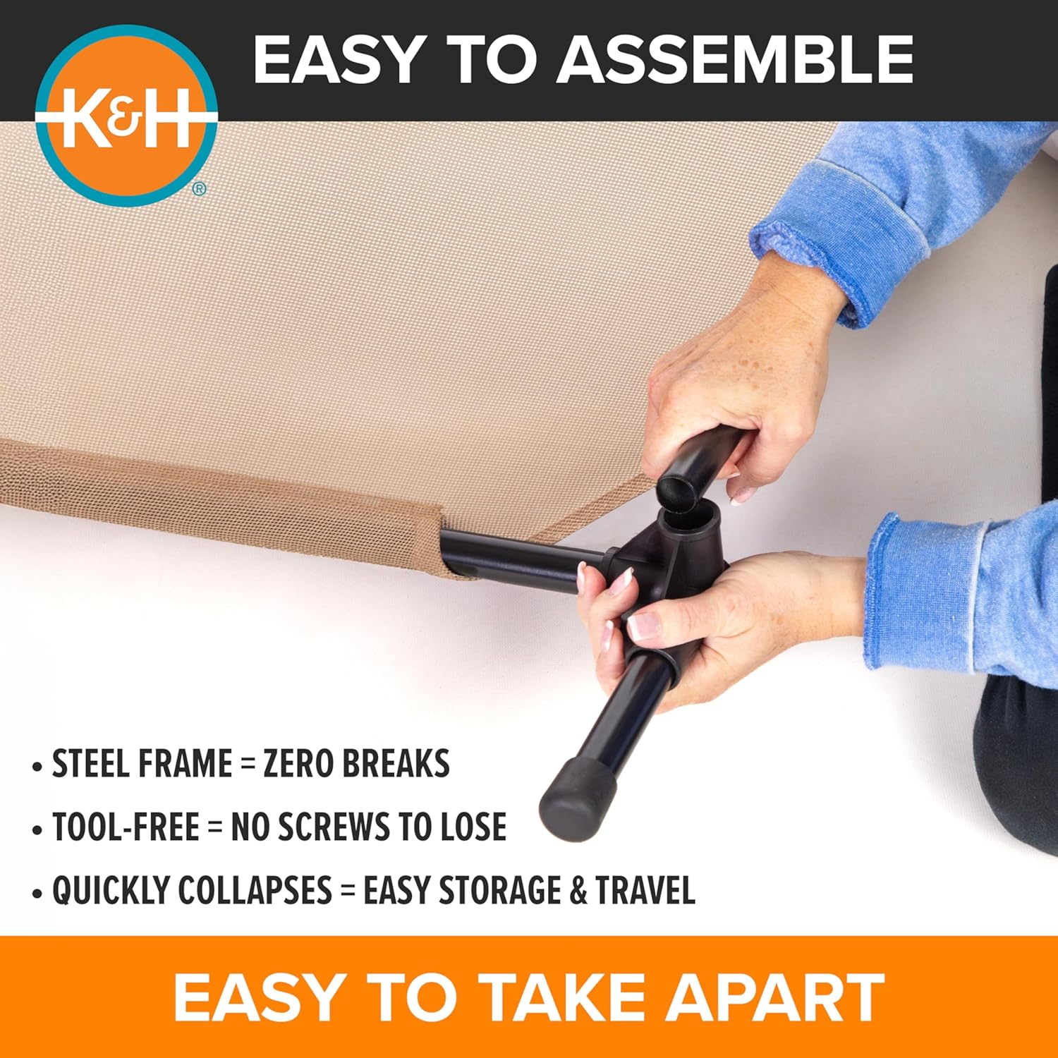 K&H Pet Products Elevated Outdoor Dog Cot Bed, Raised Cooling Bed with Washable Breathable Mesh for Medium Dogs, Portable Raised Platform Pet Bed, Heavy Duty Metal Frame Hammock Bed, Medium, Tan image number 3