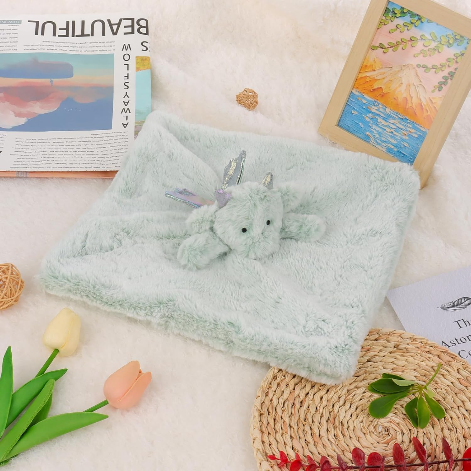 Apricot Lamb Luxury Snuggle Plush Cute Dragon Dinosaur Infant Stuffed Animals Security Blanket Nursery Character Blanket (Green Dragon, 13 Inches) - Orange image number 2