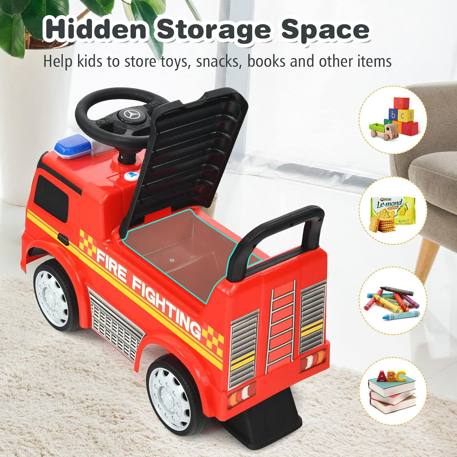 Honey Joy Kids Ride on Car, Benz Licensed Fire Engine W/Storage Space, Steering Wheel, Backrest, Indoor Outdoor Foot-To-Floor Sliding Car for 12 to 36 Months Old, Toy Boys Girls, Red image number 2