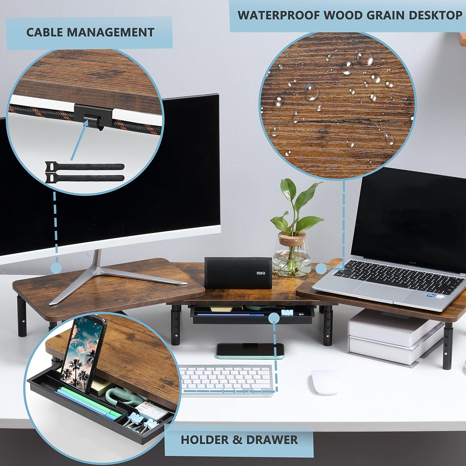 ETHU Dual Monitor Stand Riser for Desk, Computer Desk Monitor Stands for 2 PC Monitors, Computer, Laptop and Printer, 3 Adjustable Shelf Length and Angle Desktop Stand with Phone Holder and Drawer, Office Supplies, Computer Accessories(Walnut) image number 1