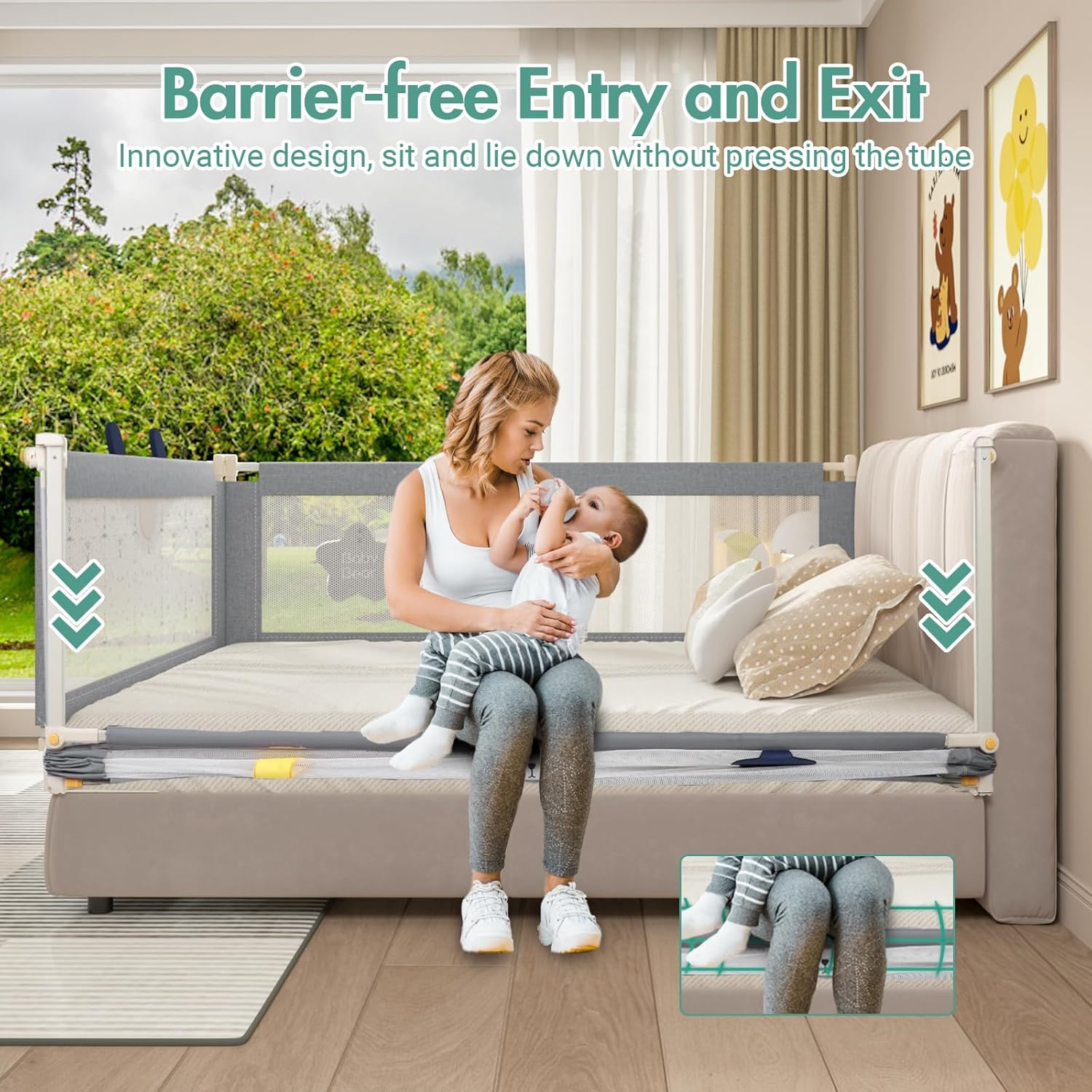 3Pcs Toddler Bed Rail, Cot Fence Barrier Adjustable Height Double Lock Foldable, Bedside Safety Protection Facilities, 179.5X198Cm Grey image number 6