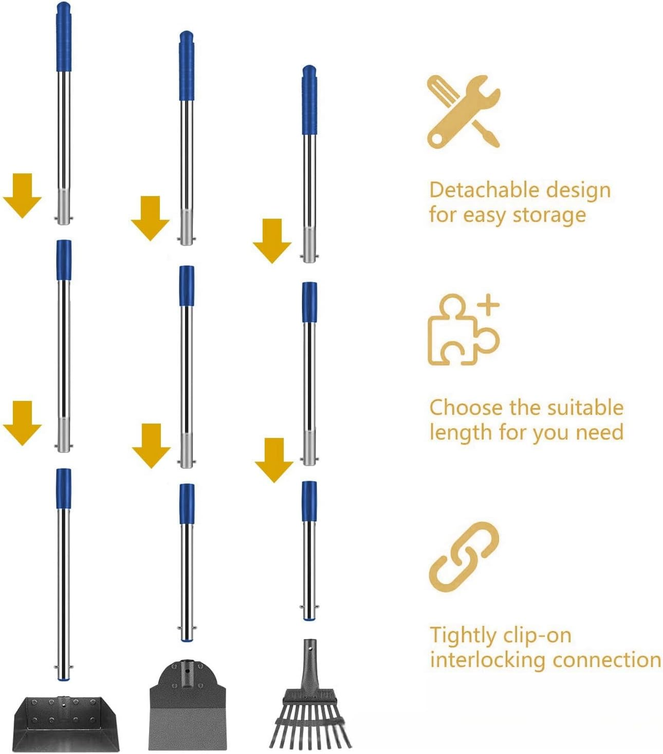 Dog Poop Scooper Set, Pet Poop Pick up Scooper, 3 Pcs Adjustable Long Handle with Metal Tray, Rake and Spade for Pet Waste Removal, No Bending Clean up Dirt, Gravel, Lawns, Grass image number 5