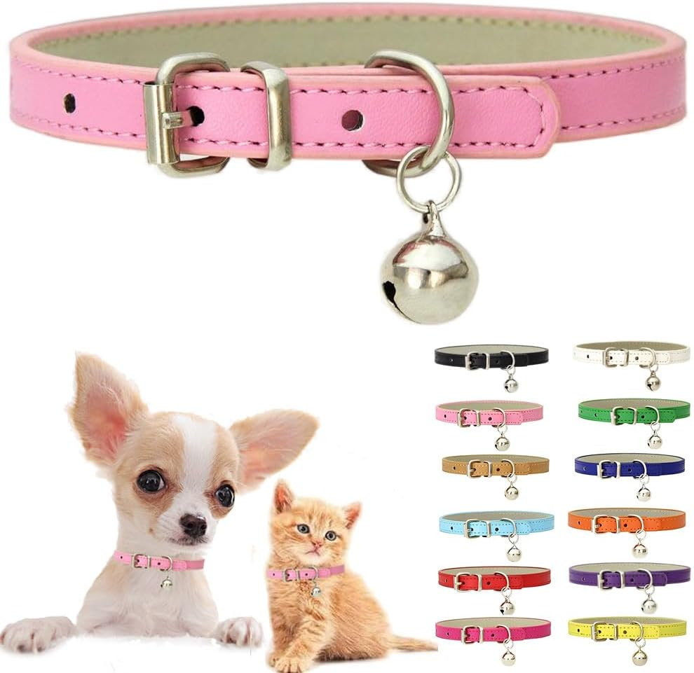 XXS Dog Collar with Bell, Soft Pu Leather Cat Collars Adjustable Buckle for XS Extra Small Medium Tiny Female Male Boys Girls Pets Puppy Kitten Teacup Yorkie Green Xx-Small