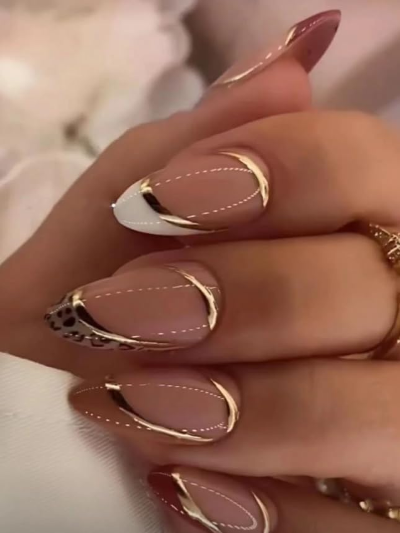 24-Piece Press on Nails, Lots of Patterns, Shapes and Colours, with Nail File and Tape - Reusable - Luxury (Black Gold Pattern - Almond)