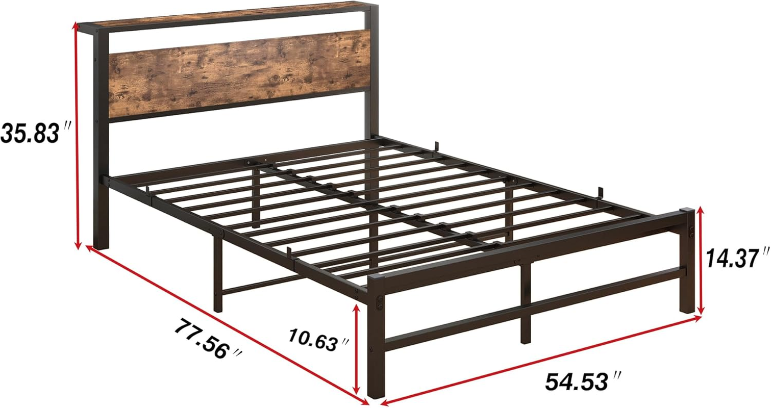Double Size Metal Platform Bed Frame with Storage Headboard, Bed Frame Double Size No Box Spring Needed, Sturdy Steel Slat, Easy Assembly, Non-Slip Noise Free image number 1