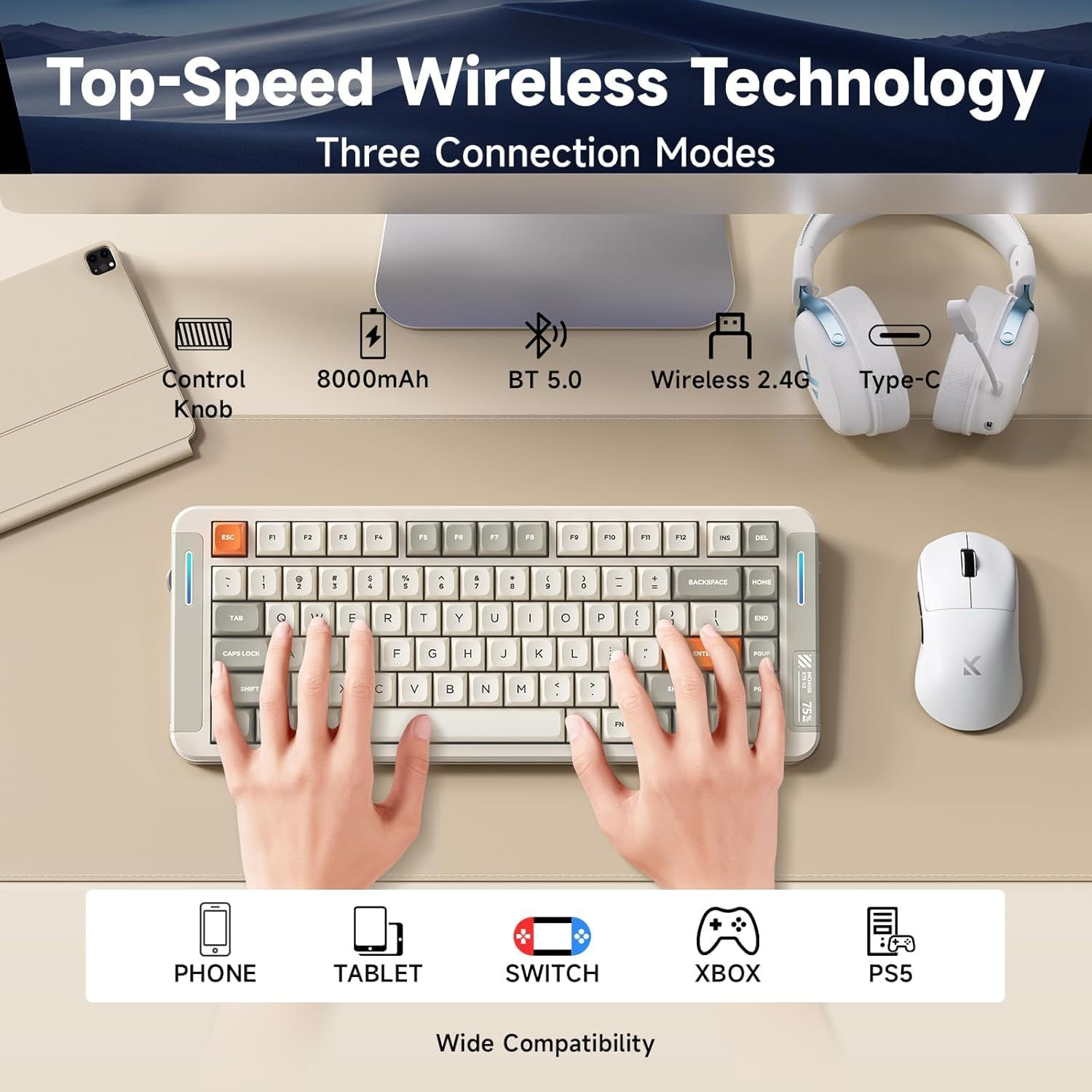 MCHOSE X75 V2 Gaming Keyboard, 75% Mechanical Keyboard Knob Control, Hot Swappable Custom Wireless Keyboards Tri-Mode 2.4G/BT5.0/USB-C, RGB Backlit Retro White (Retro White)