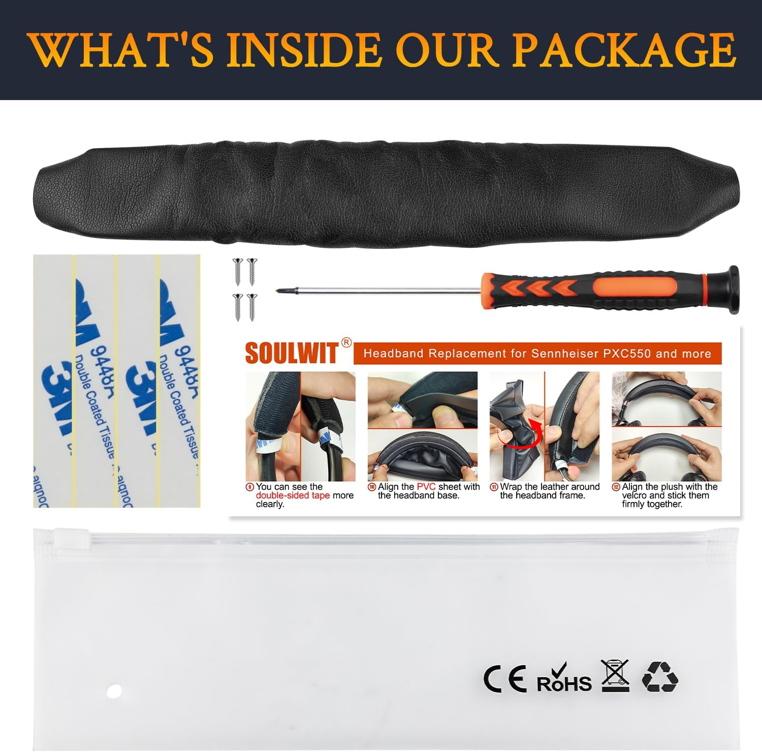 SOULWIT Replacement Headband for Sennheiser PXC550/PXC550II Headphone, Head Strap Pad Kit for EPOS Adapt 660 Headset, Head Band Top Cushion Cover Repair Part - Black image number 3