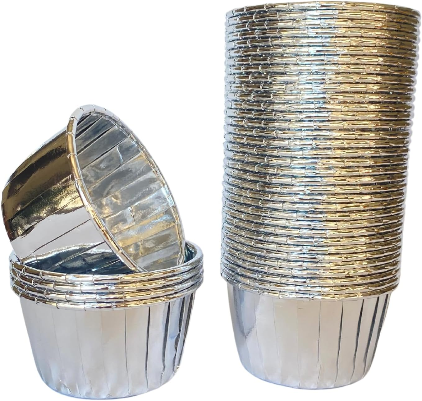 Silver Cupcake Baking Cup Cases, 100 Pieces Muffin Lined Wrapper Papers for Desserts, Little Cakes, Snacks & Muffins, Leakproof Ramekin Foil Patty Pans (Silver) image number 6