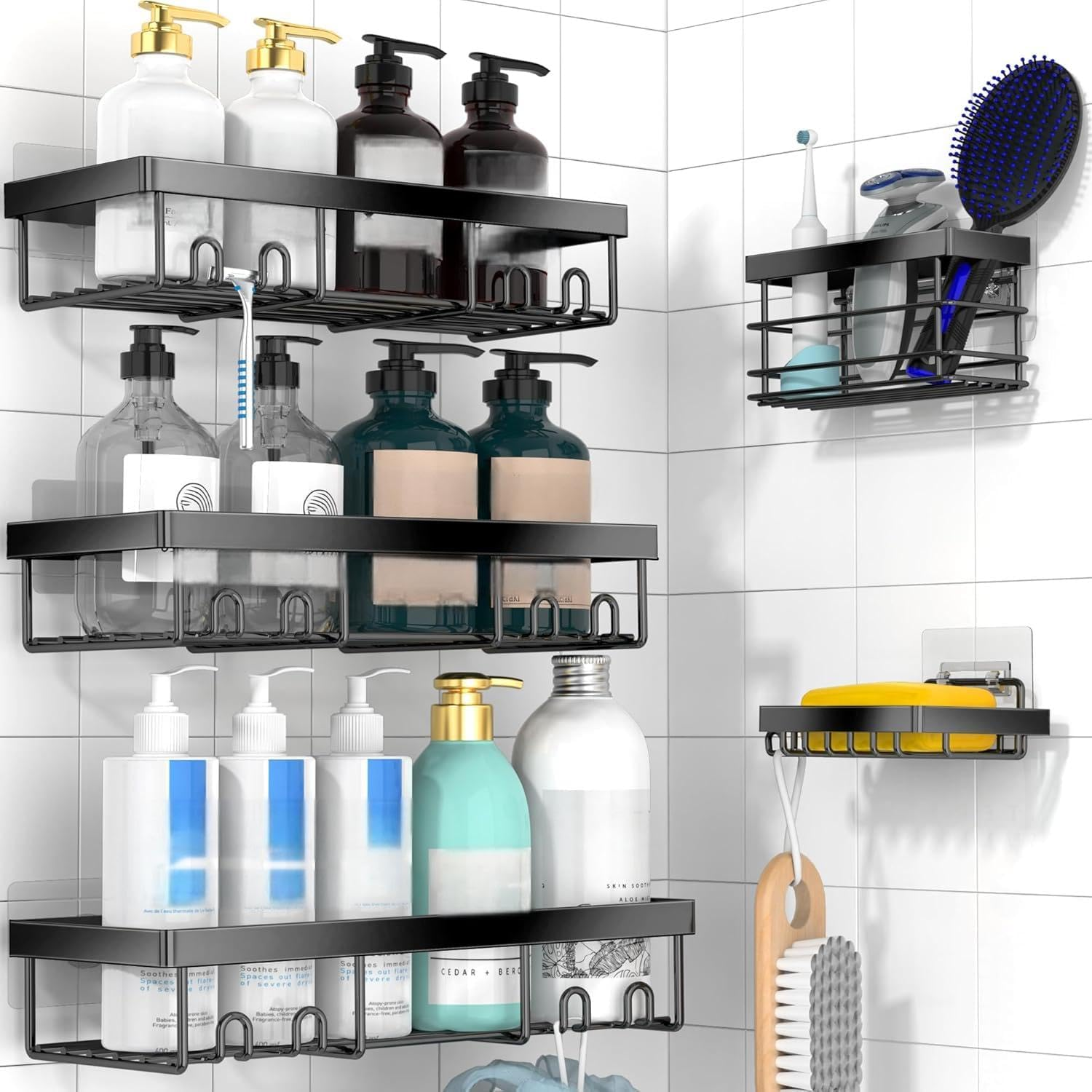 Moforoco Shower Caddy Shelf Organizer Rack, Self Adhesive Black Bathroom Shelves Basket, Home Farmhouse Wall Shower inside Organization and Storage Decor Rv Accessories, Metal Black